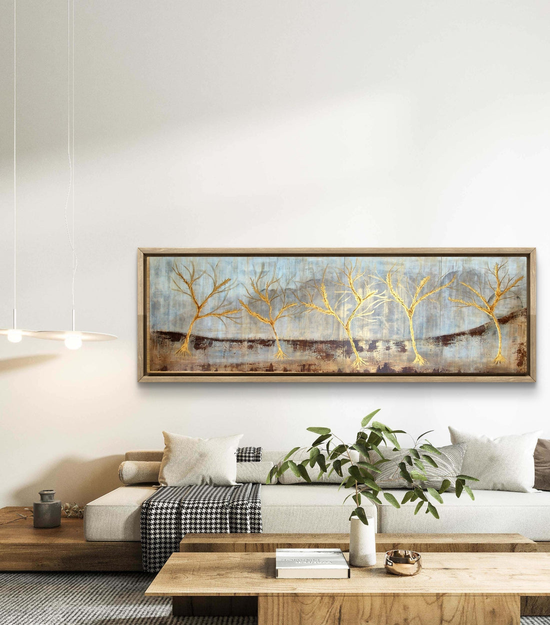 Large Framed Panoramic Gold Leaf Tree Wall Art styled in a warm neutral living room with linen sofa and raw wood furniture – Maison M Store