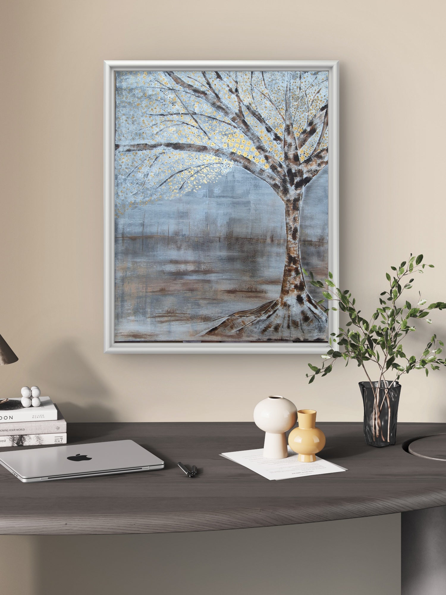 Large Acrylic Tree Canvas – Neutral Grey & Gold Textured Wall Art