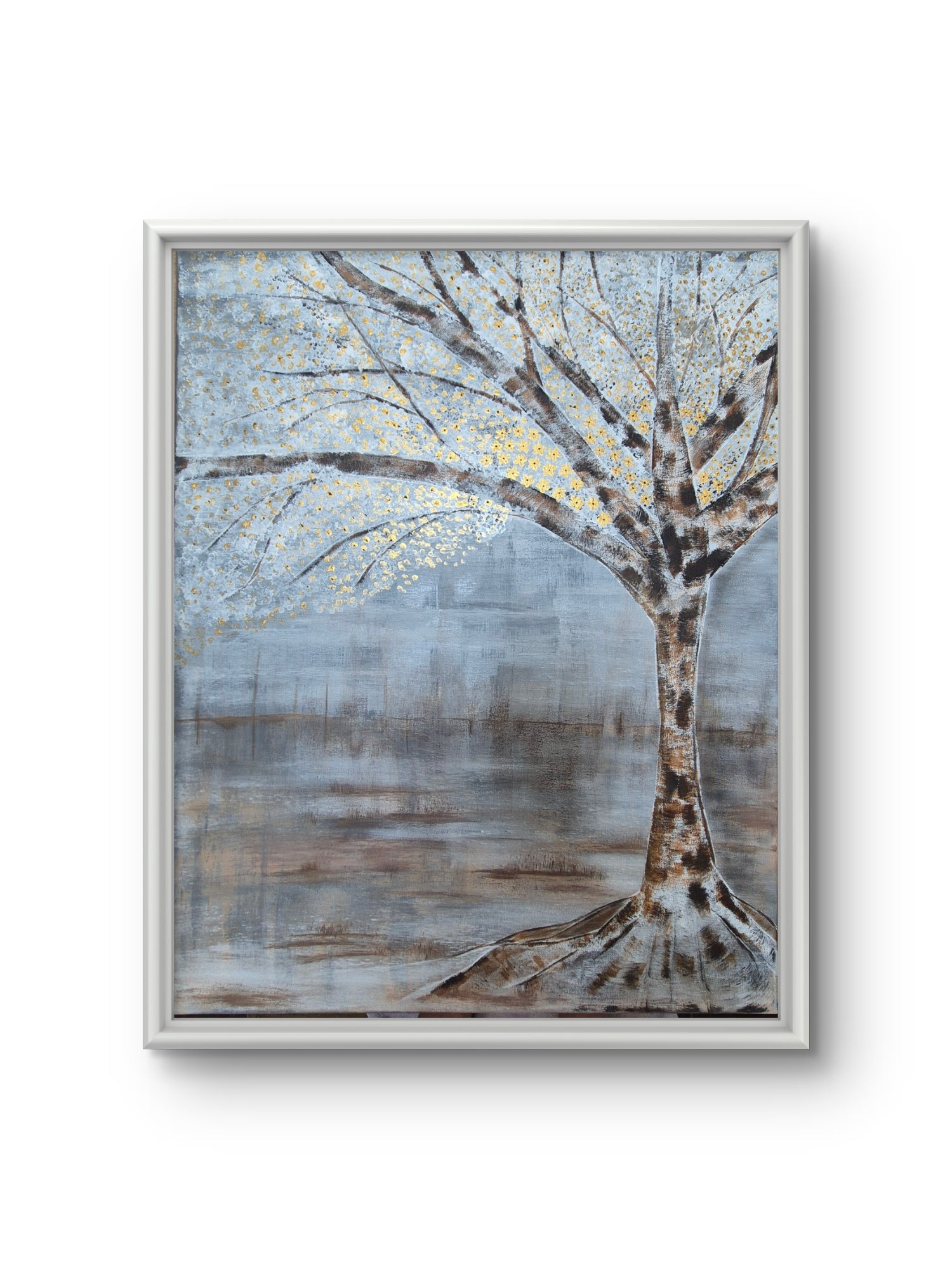 Large Acrylic Tree Canvas – Neutral Grey & Gold Textured Wall Art