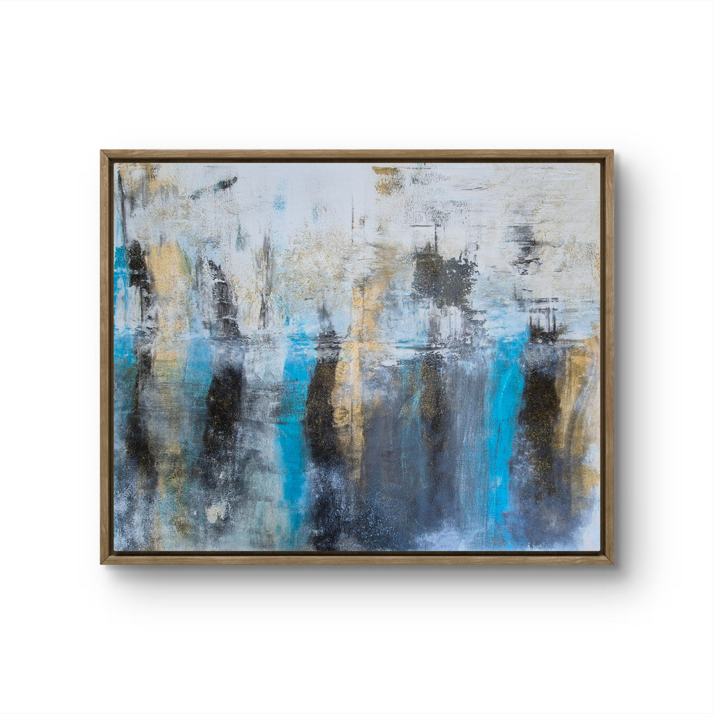 Original Blue & Gold Abstract Wall Art – Framed Mixed-Media Acrylic Painting 102cm (W) x 81cm (H)