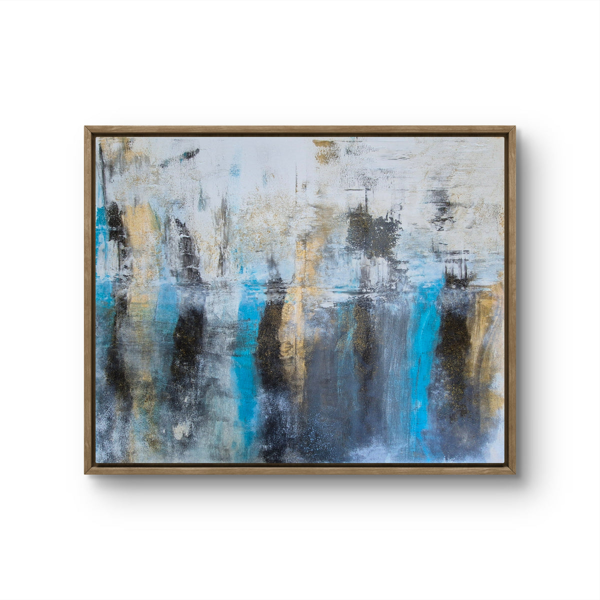 Original Blue & Gold Abstract Wall Art – Framed Mixed-Media Acrylic Painting 102cm (W) x 81cm (H)