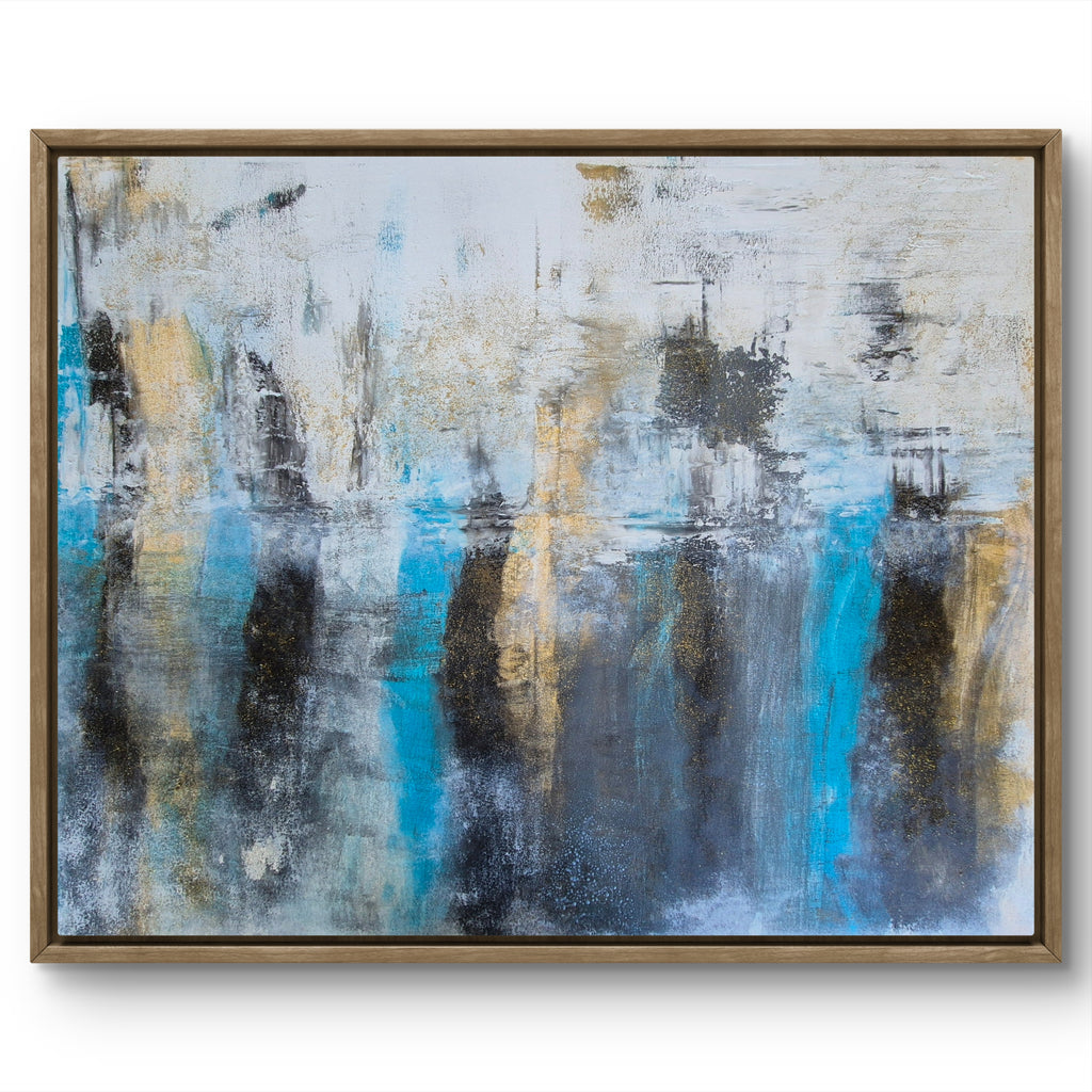 Original Blue & Gold Abstract Wall Art – Framed Mixed-Media Acrylic Painting 102cm (W) x 81cm (H)