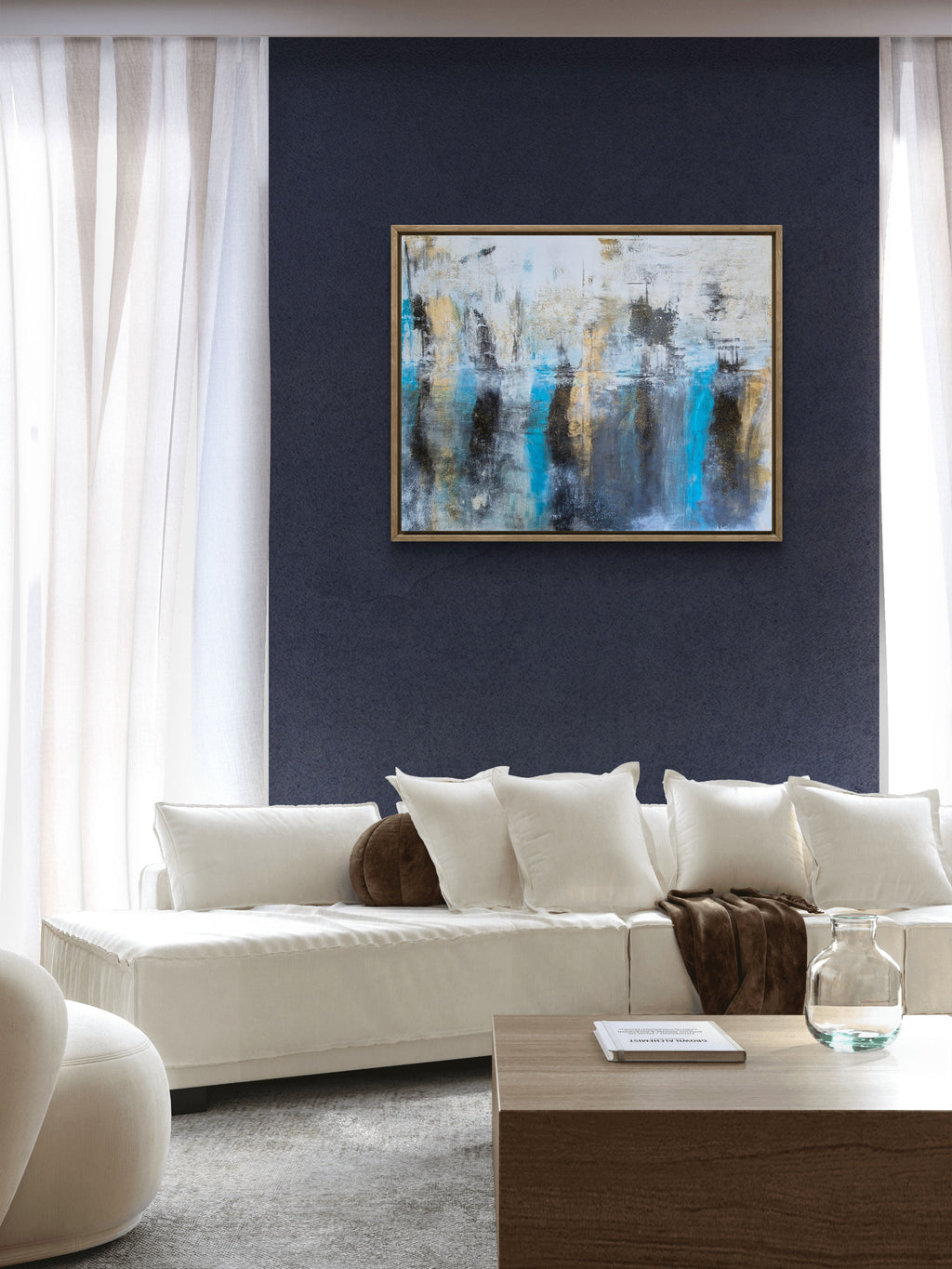 Original Blue & Gold Abstract Wall Art – Framed Mixed-Media Acrylic Painting 102cm (W) x 81cm (H)