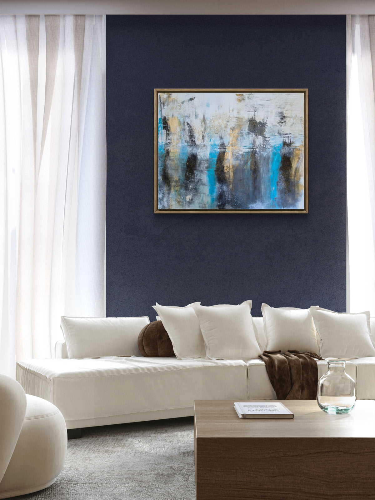 Original Blue & Gold Abstract Wall Art – Framed Mixed-Media Acrylic Painting 102cm (W) x 81cm (H)