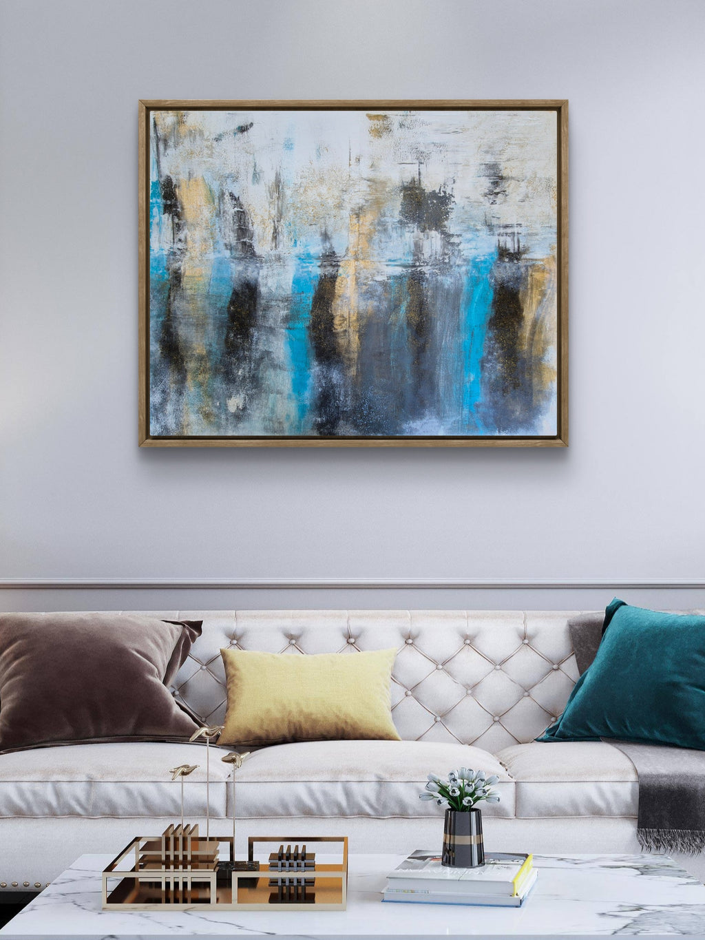 Original Blue & Gold Abstract Wall Art – Framed Mixed-Media Acrylic Painting 102cm (W) x 81cm (H)
