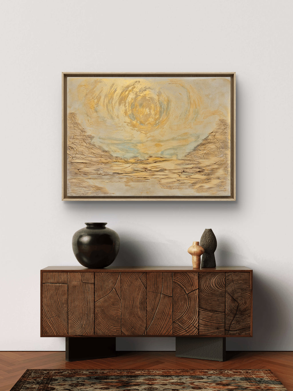 Golden Sunrise – Original Neutral Abstract Landscape Wall Art – Gold Textured Framed Painting 81 x 60cm
