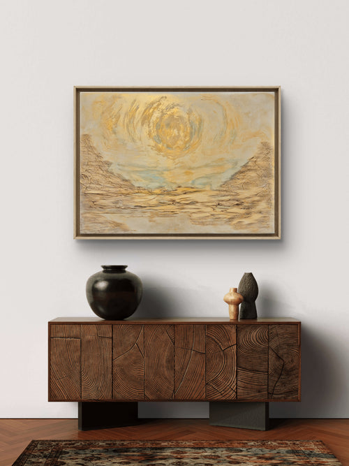 Golden Sunrise – Original Neutral Abstract Landscape Wall Art – Gold Textured Framed Painting 81 x 60cm
