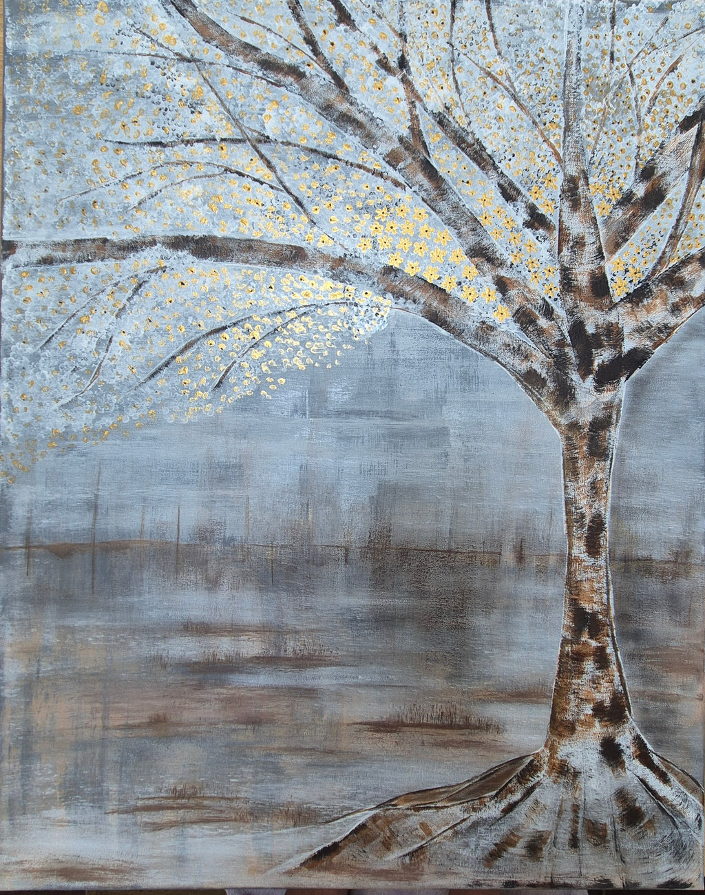 Large Acrylic Tree Canvas – Neutral Grey & Gold Textured Wall Art