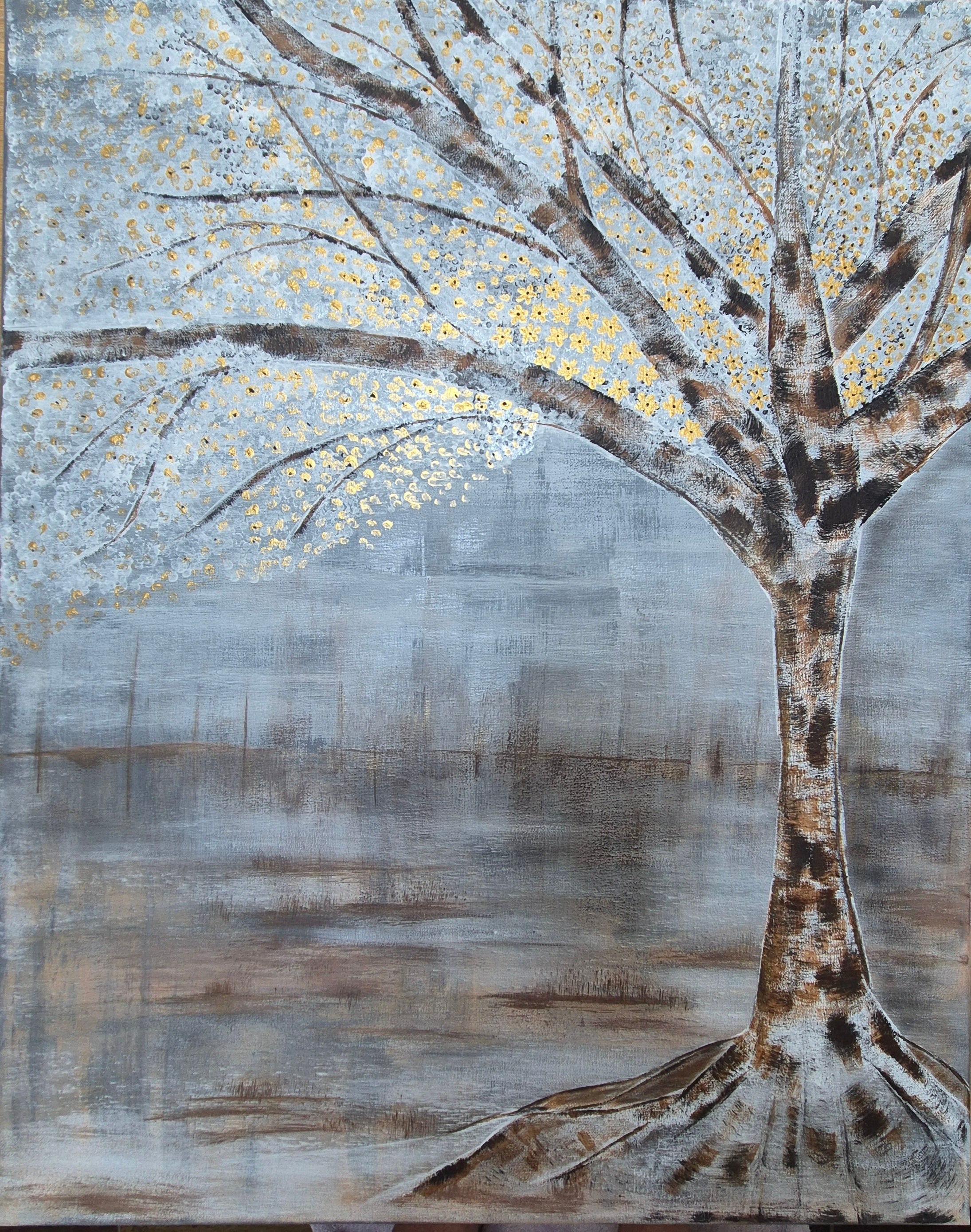 Large Acrylic Tree Canvas – Neutral Grey & Gold Textured Wall Art