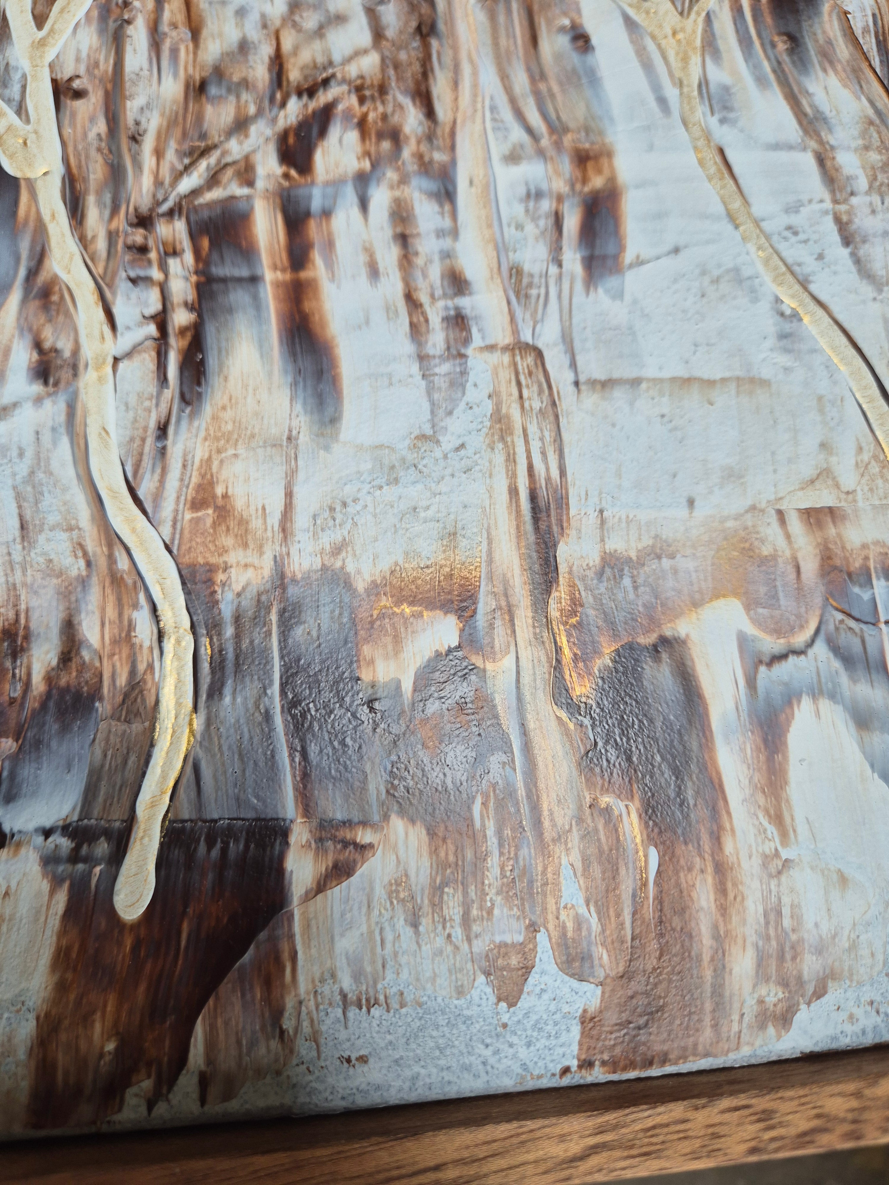 Framed Textured Abstract Tree Wall Art – Neutral Gold Brown Painting