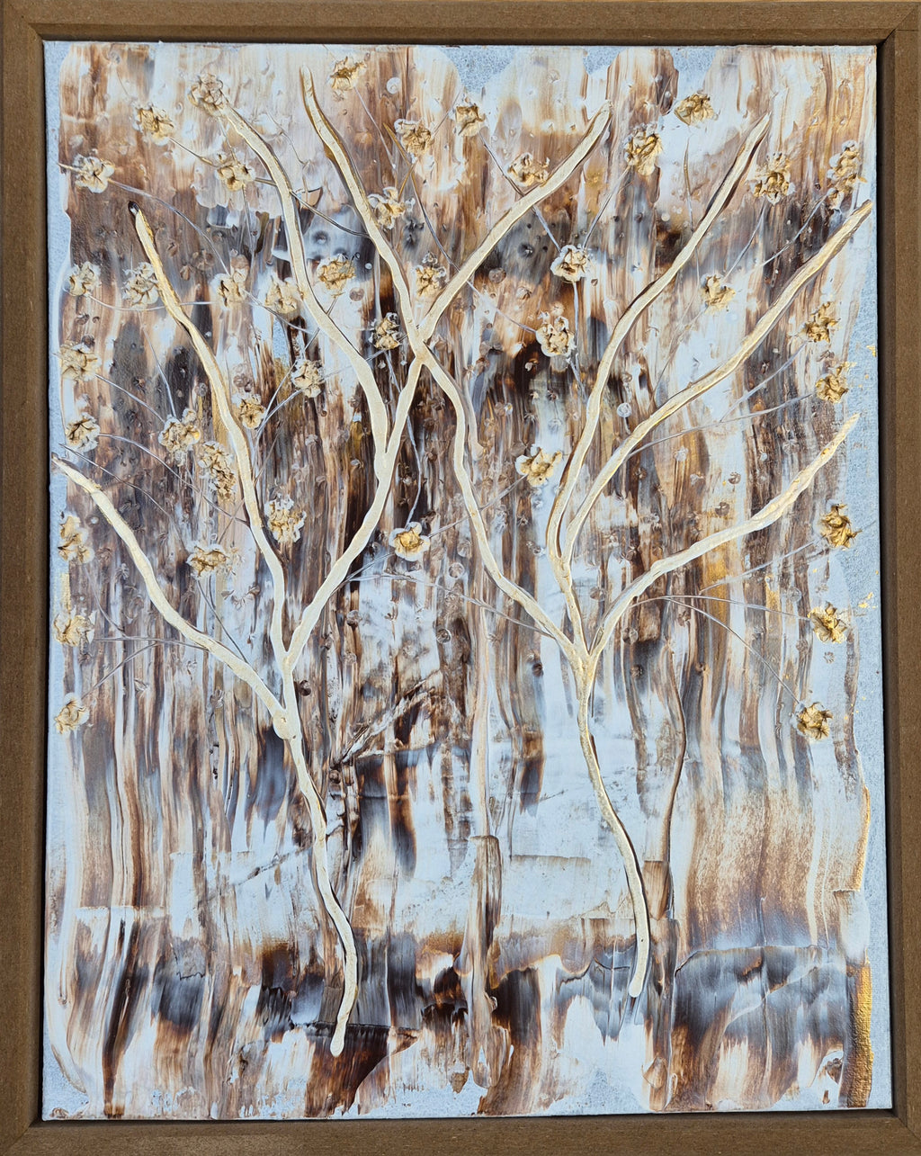 Framed Textured Abstract Tree Wall Art – Neutral Gold Brown Painting