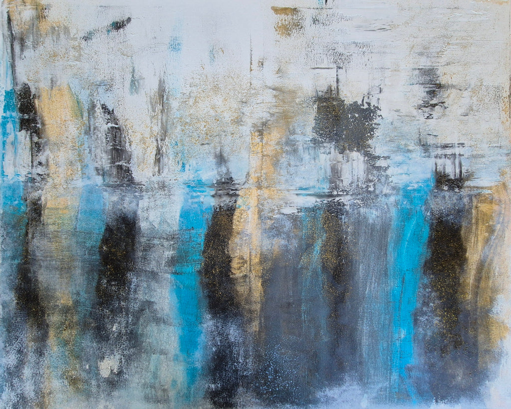 Original Blue & Gold Abstract Wall Art – Framed Mixed-Media Acrylic Painting 102cm (W) x 81cm (H)