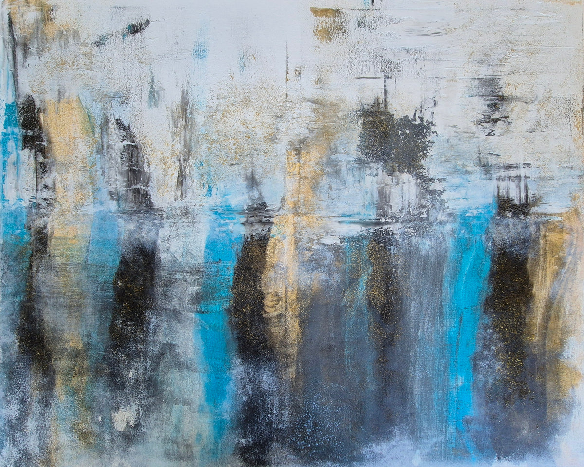 Original Blue & Gold Abstract Wall Art – Framed Mixed-Media Acrylic Painting 102cm (W) x 81cm (H)