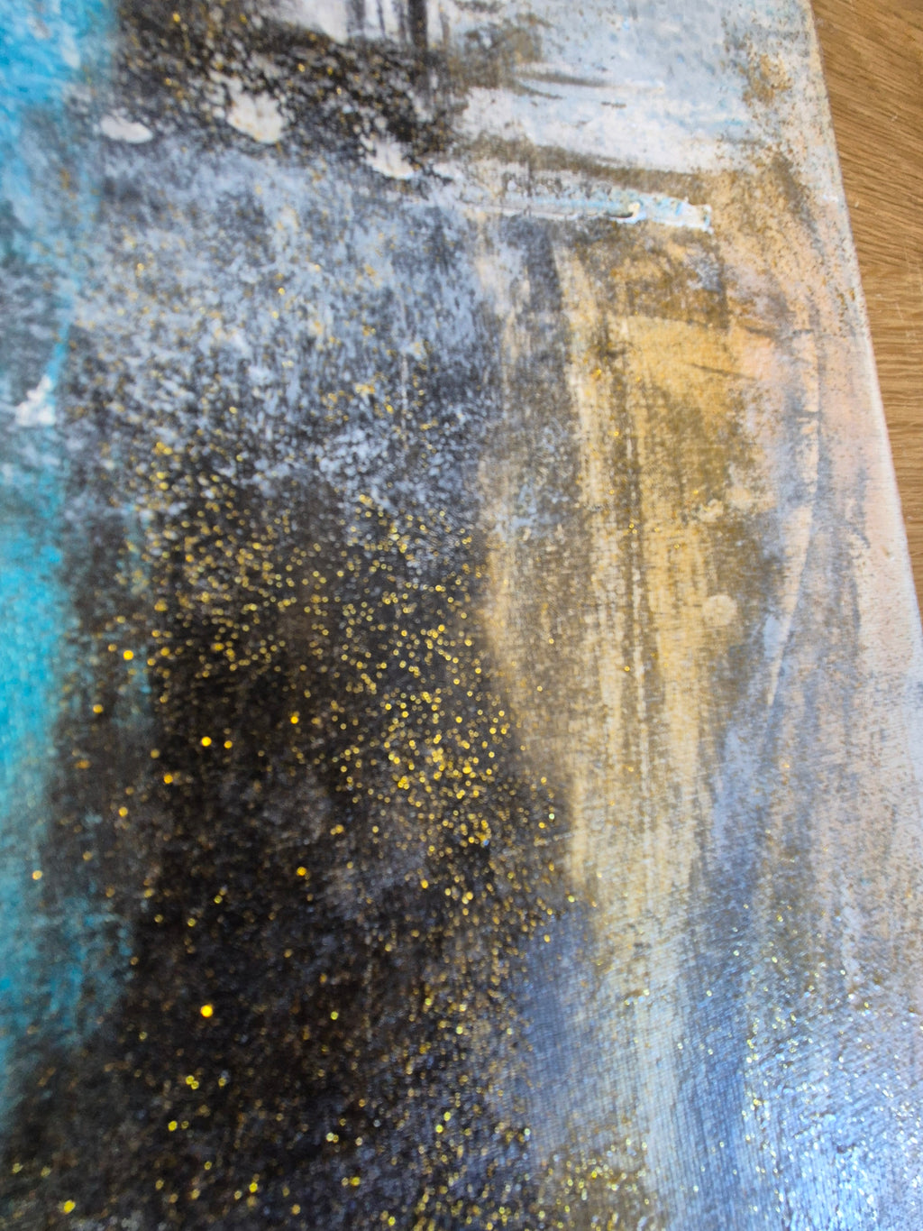 Original Blue & Gold Abstract Wall Art – Framed Mixed-Media Acrylic Painting 102cm (W) x 81cm (H)