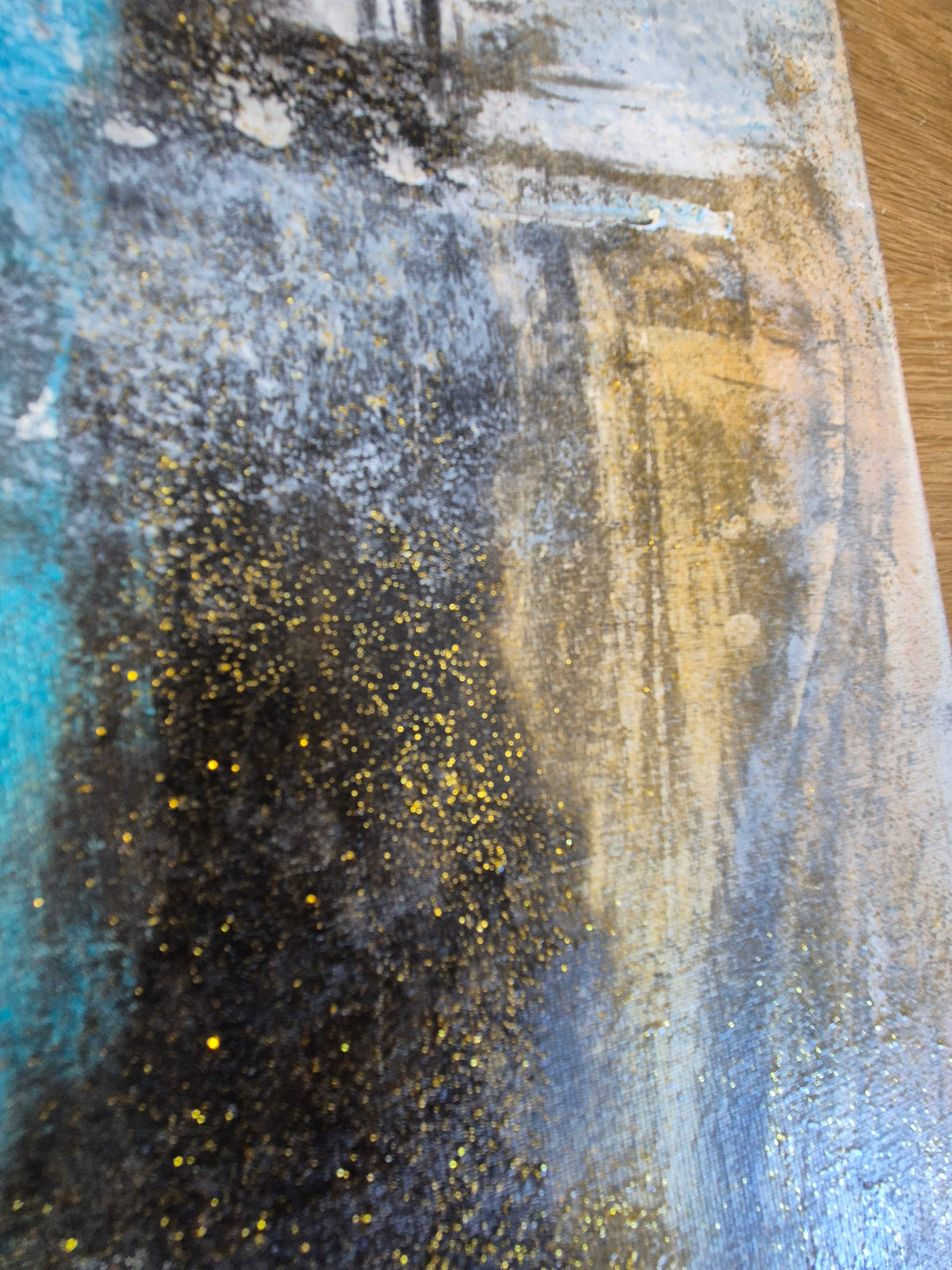Original Blue & Gold Abstract Wall Art – Framed Mixed-Media Acrylic Painting 102cm (W) x 81cm (H)