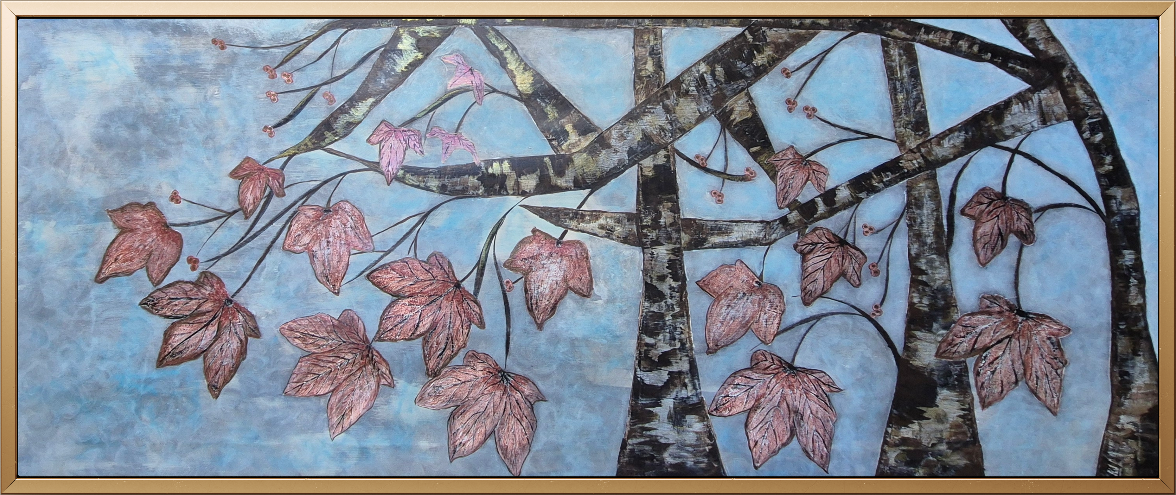 Large Framed Panoramic Abstract Copper Leaf & Birch Trees – Blue Sky Original Painting