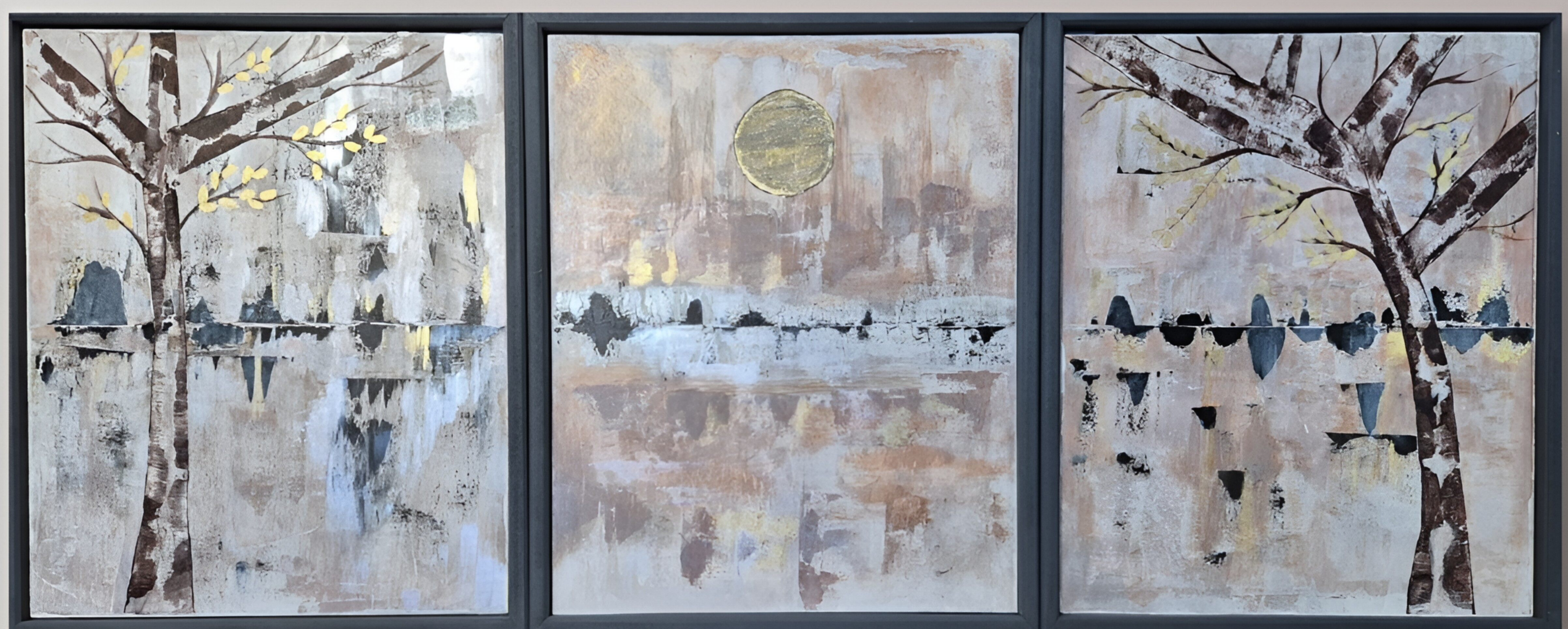 Large Framed Abstract Gold Moon Triptych – Silver Birch & Reflection Original Painting