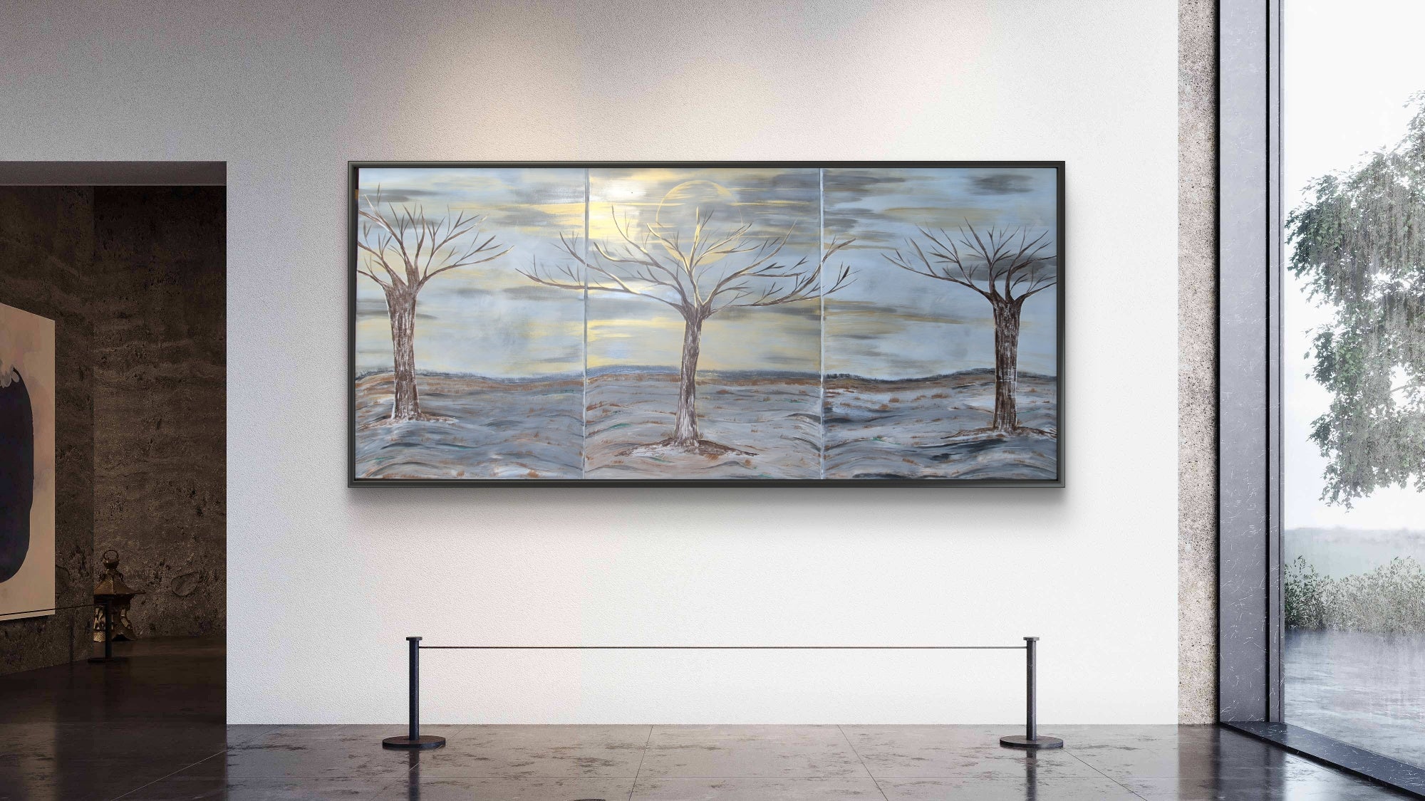Large Framed Abstract Winter Trees Triptych – Blue Grey Sky Original Painting