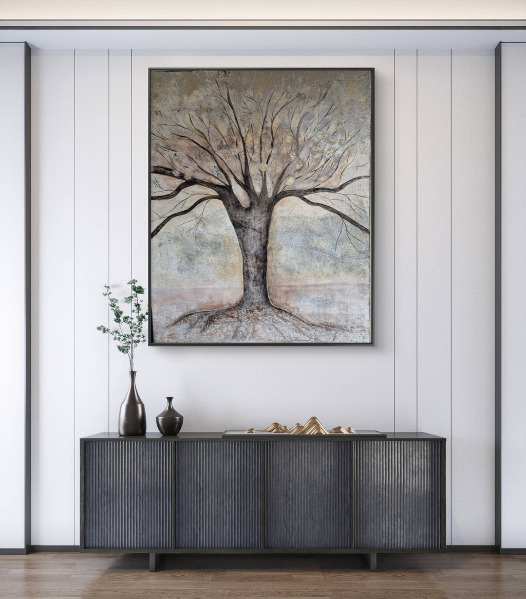 Large Framed Abstract Grand Oak Tree – Warm Neutral Textured Original Painting