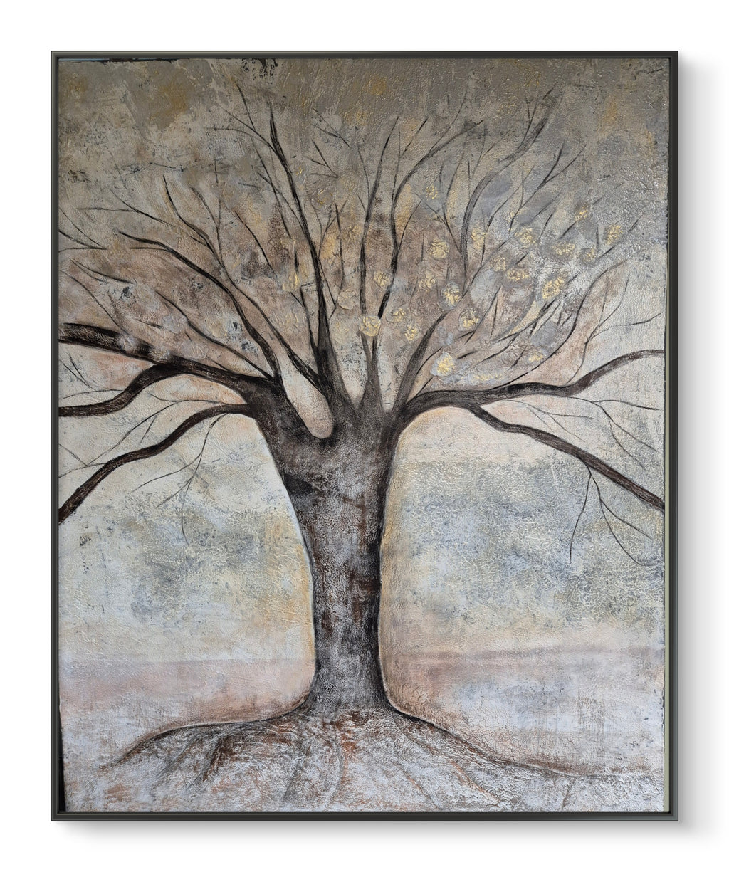 Large Framed Abstract Grand Oak Tree – Warm Neutral Textured Original Painting