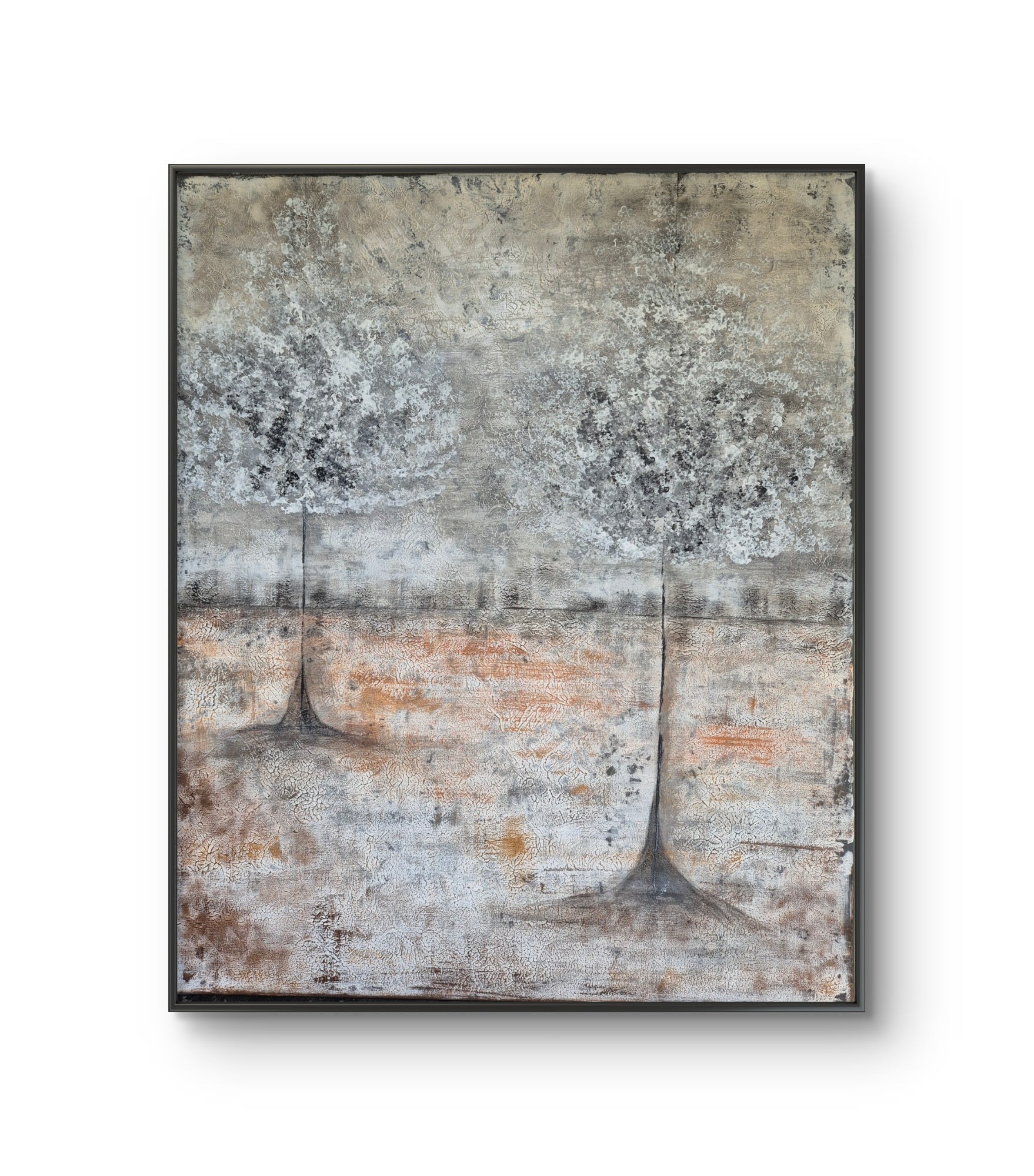 Framed Abstract Twin Trees Landscape – Warm Neutral Textured Original Painting