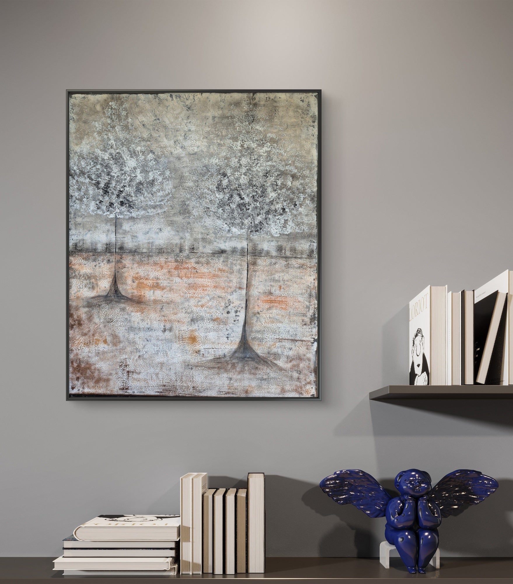 Framed Abstract Twin Trees Landscape – Warm Neutral Textured Original Painting
