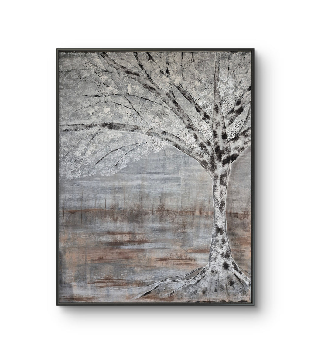 Framed Abstract Silver Birch Tree Landscape – Grey & Taupe Original Painting