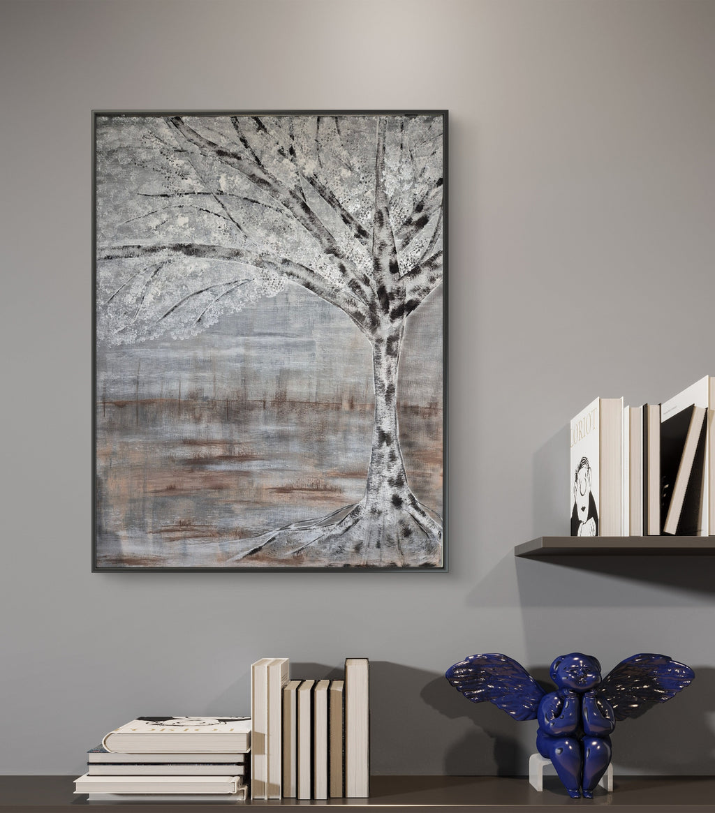 Framed Abstract Silver Birch Tree Landscape – Grey & Taupe Original Painting