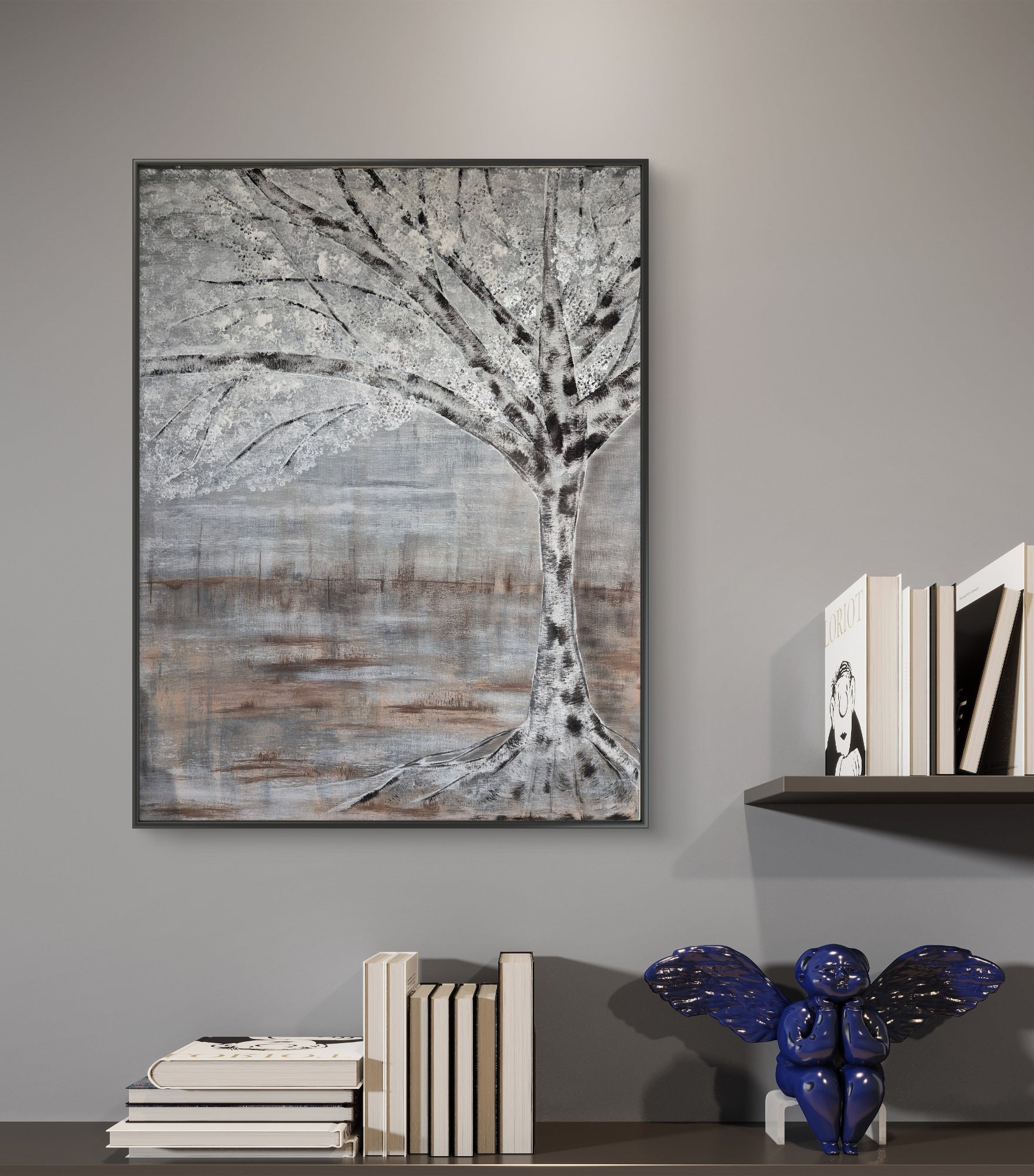 Framed Abstract Silver Birch Tree Landscape – Grey & Taupe Original Painting