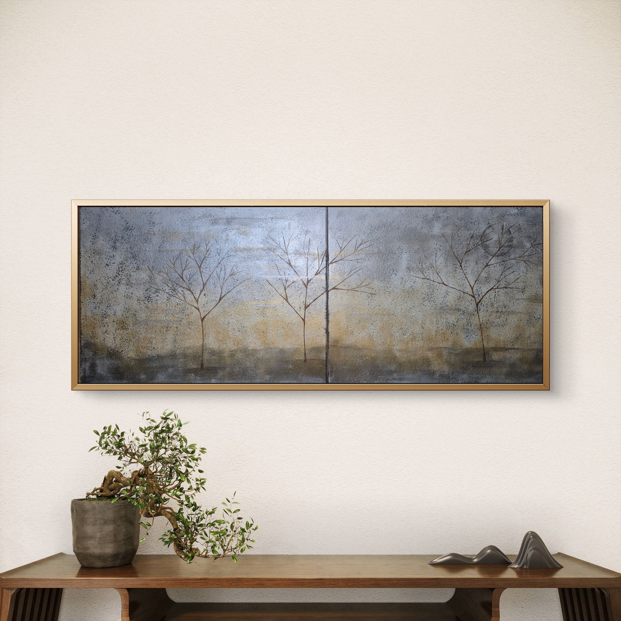 Large Framed Panoramic Abstract Tree Landscape – Misty Blue & Gold Original Painting