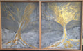 Framed Abstract Gold & Grey Tree Diptych – Original Painting