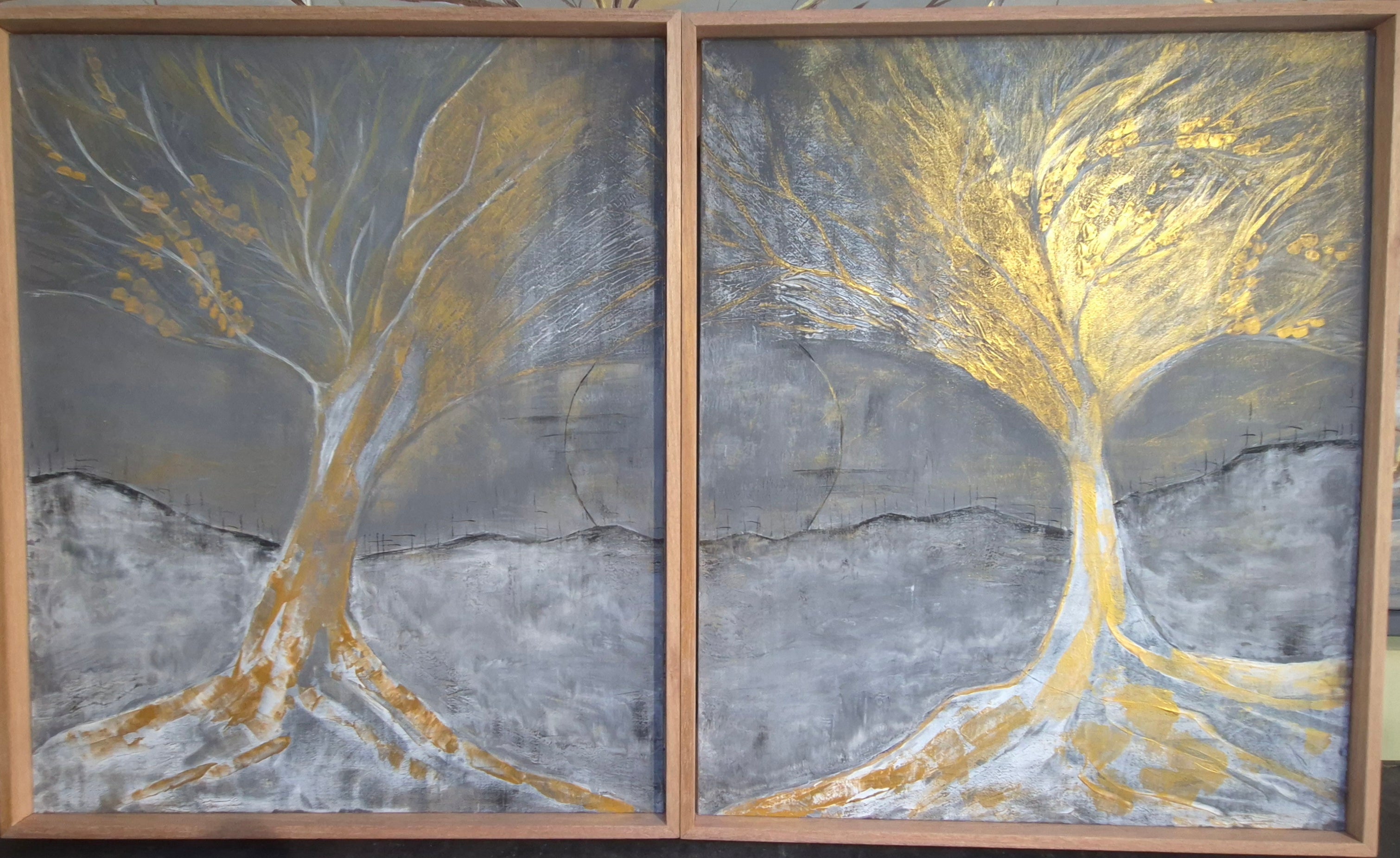 Framed Abstract Gold & Grey Tree Diptych – Original Painting
