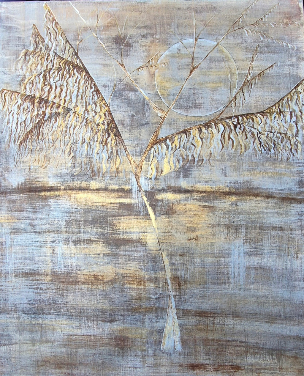 Large Framed Abstract Willow & Moon Landscape – Silver Gold Original Painting