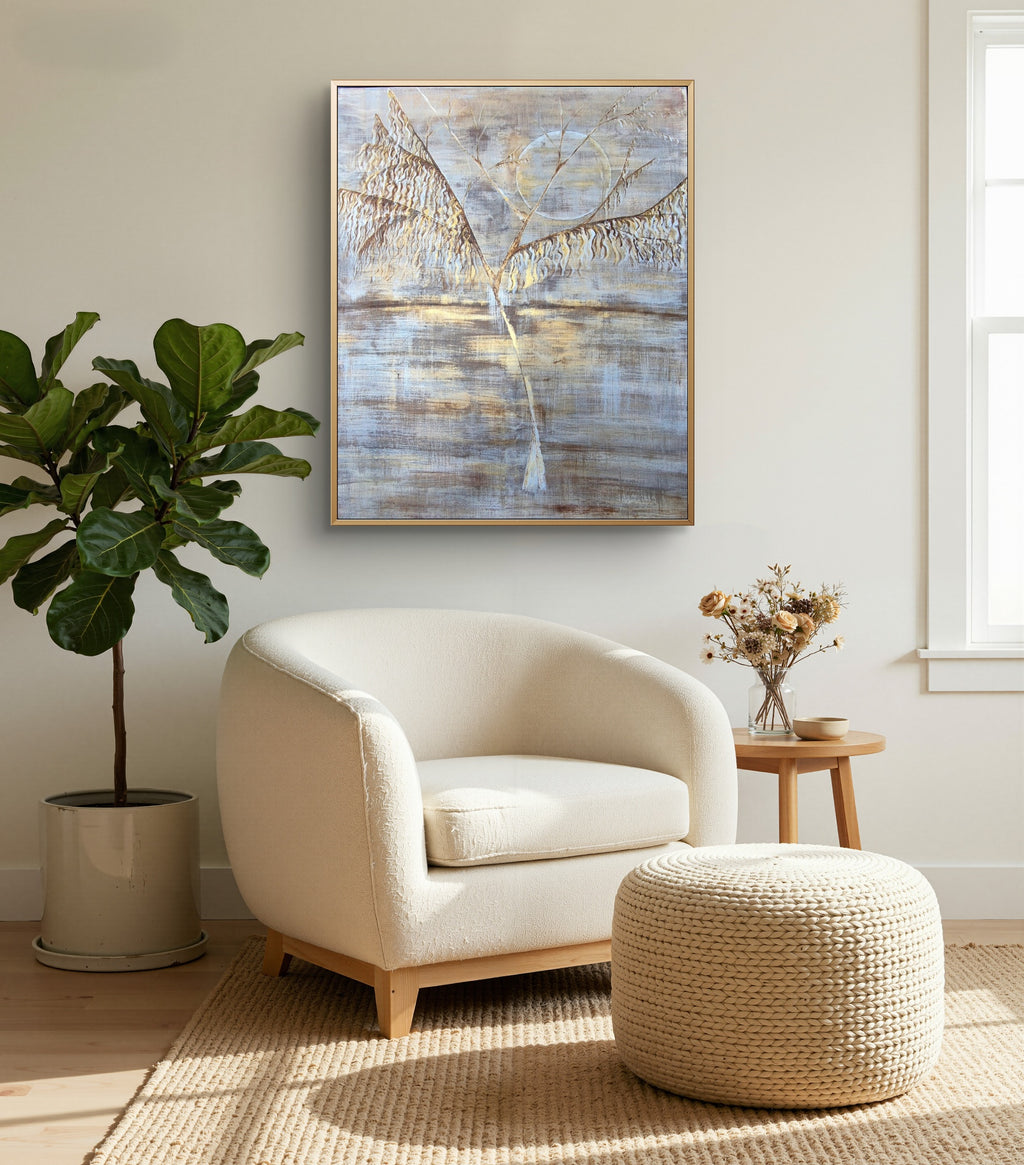 Large Framed Abstract Willow & Moon Landscape – Silver Gold Original Painting