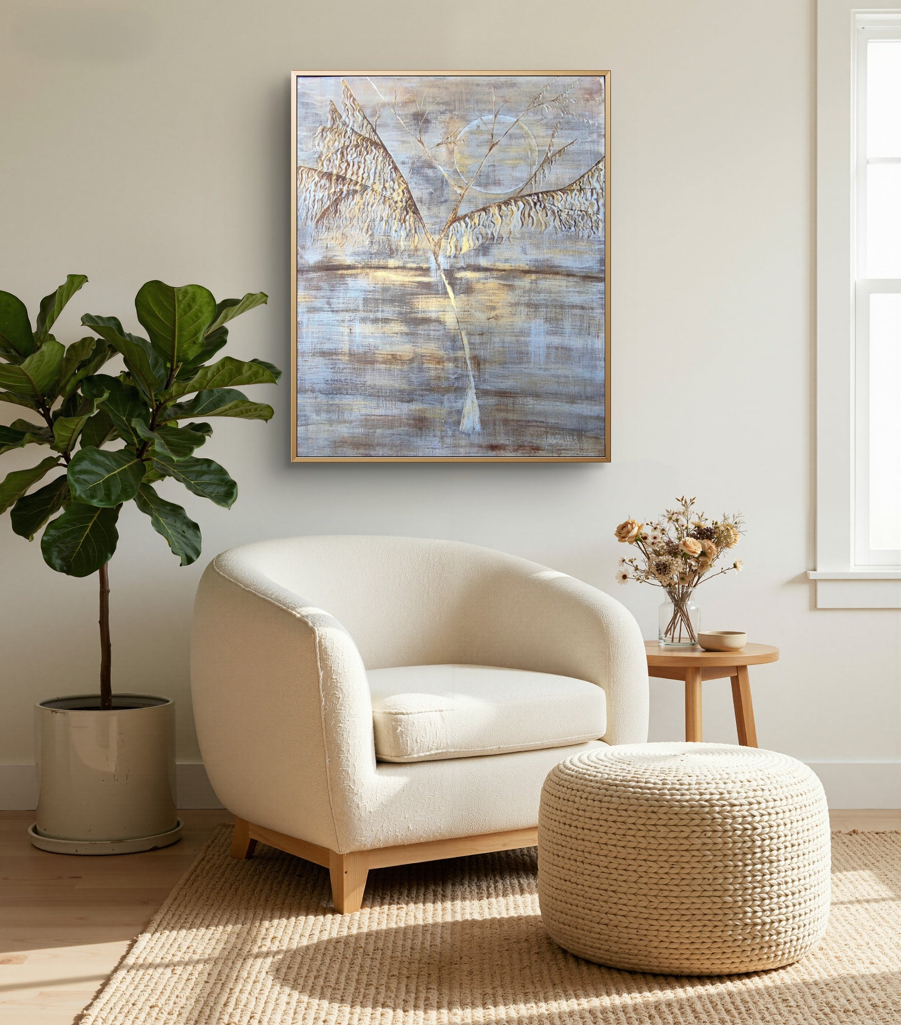 Large Framed Abstract Willow & Moon Landscape – Silver Gold Original Painting