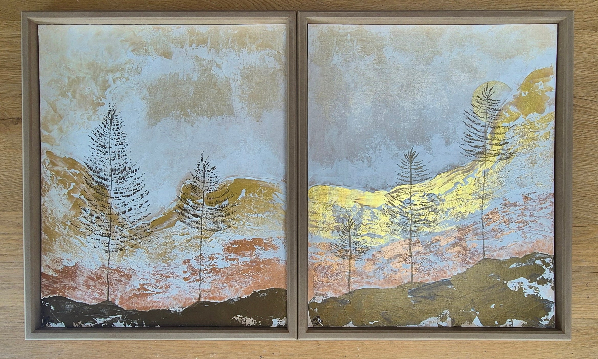 Framed Abstract Pine Tree Diptych – Gold & Blue Landscape Original Painting