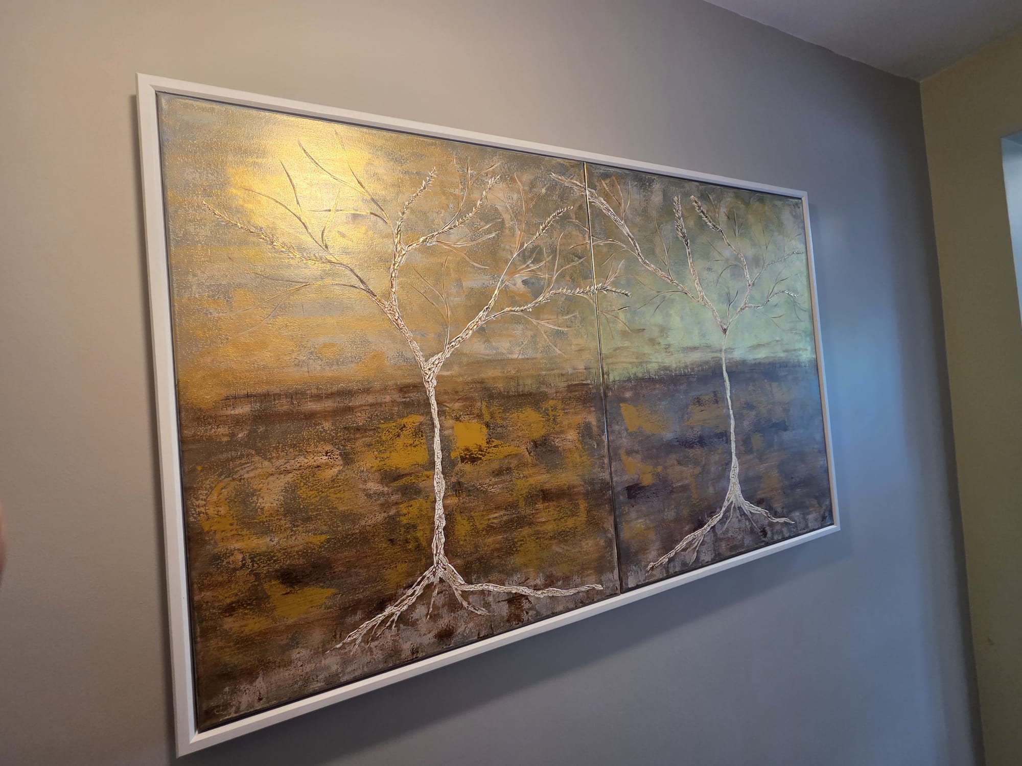 Large Framed Abstract Diptych Tree Landscape – Gold & Blue Original Painting