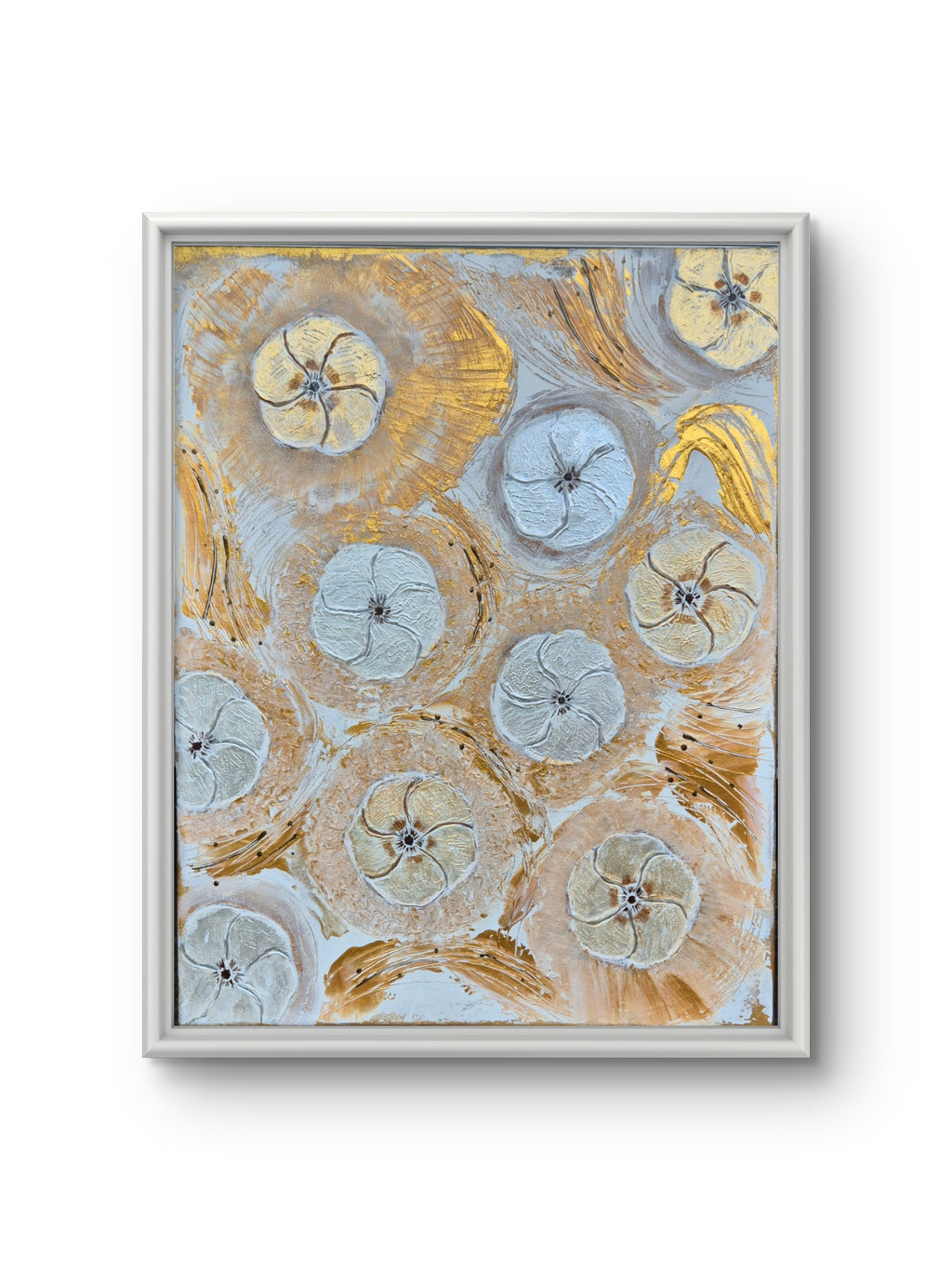 Framed Abstract Floral Gold & White Original Painting