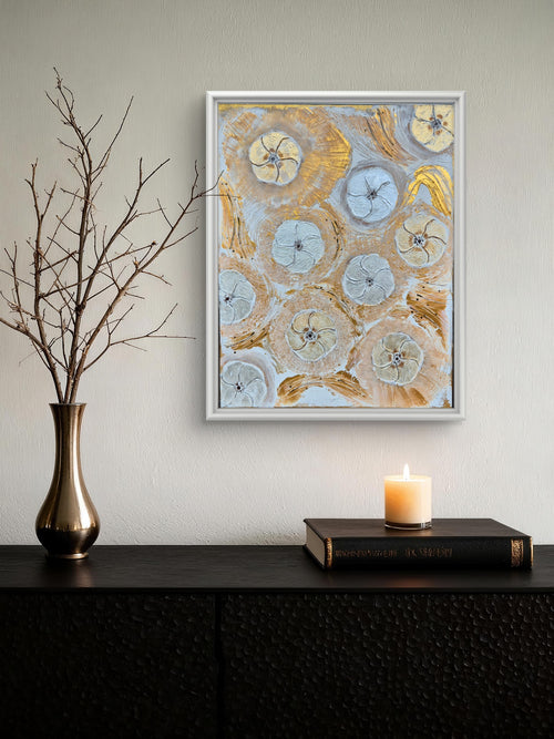 Framed Abstract Floral Gold & White Original Painting