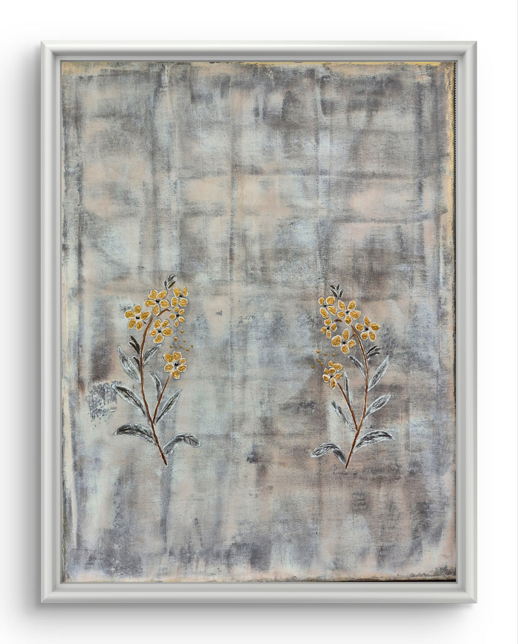 Framed Abstract Botanical Floral Art – Gold Textured Wildflowers, Original Painting