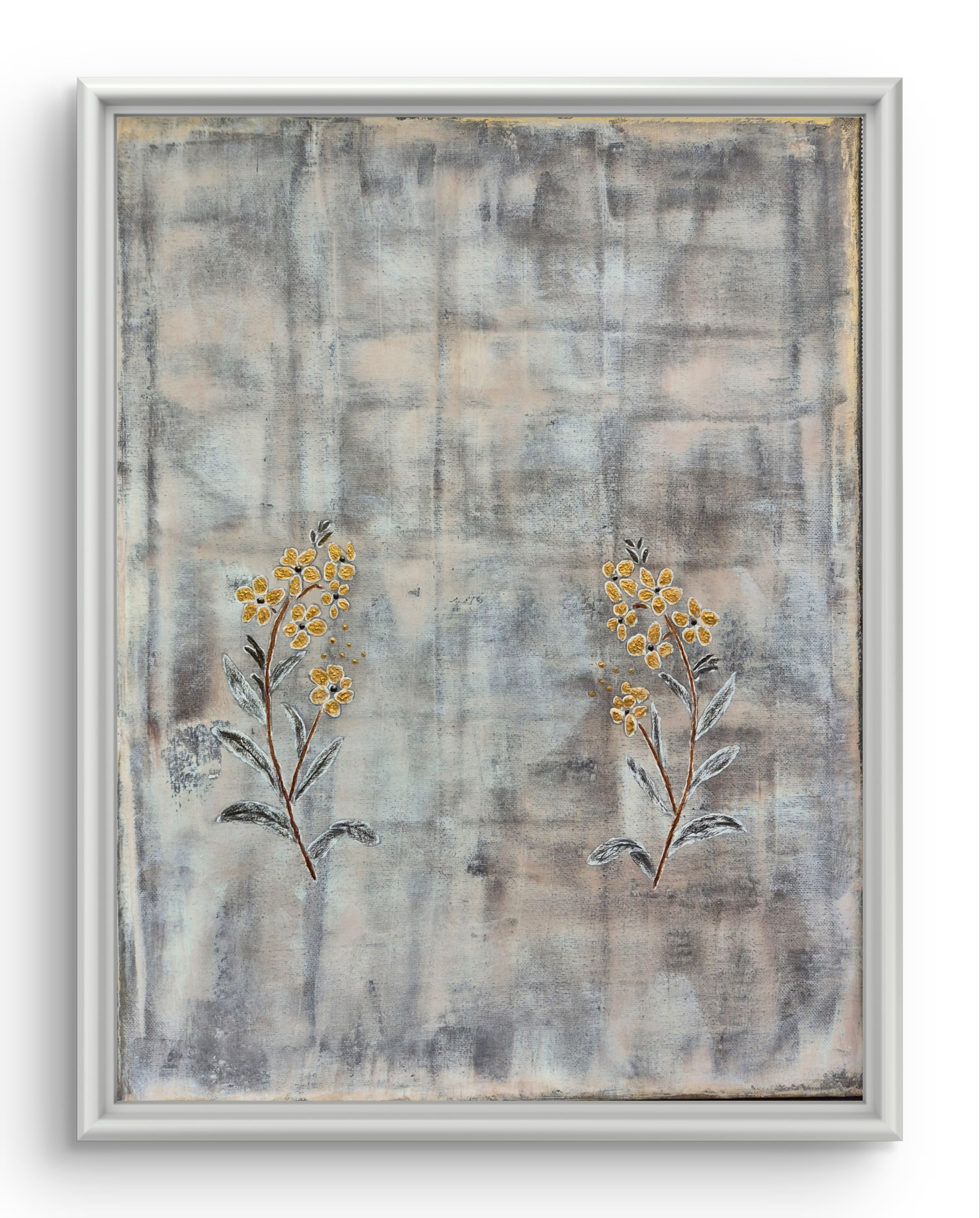 Framed Abstract Botanical Floral Art – Gold Textured Wildflowers, Original Painting