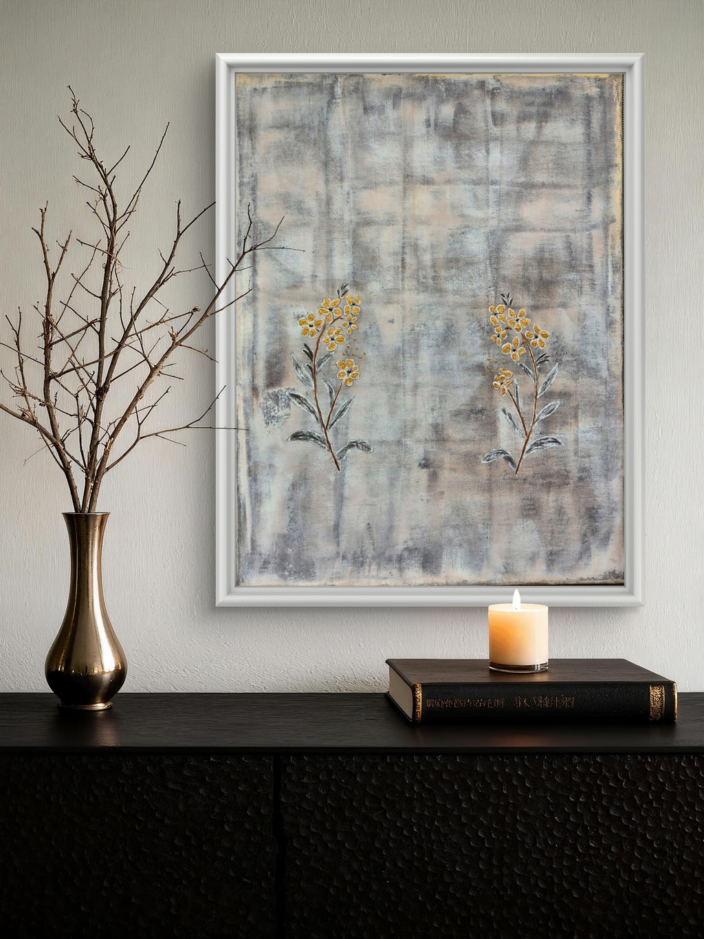 Framed Abstract Botanical Floral Art – Gold Textured Wildflowers, Original Painting