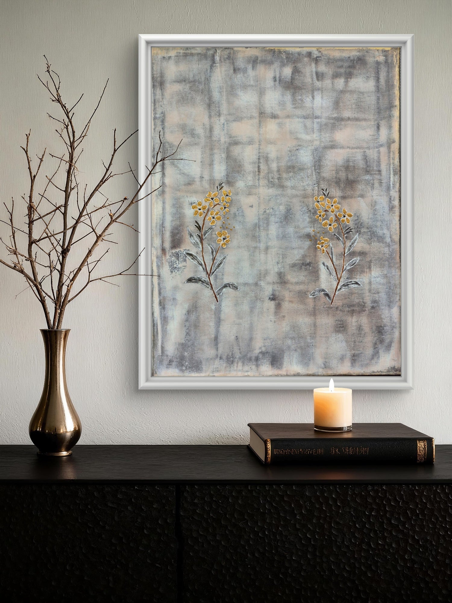 Framed Abstract Botanical Floral Art – Gold Textured Wildflowers, Original Painting