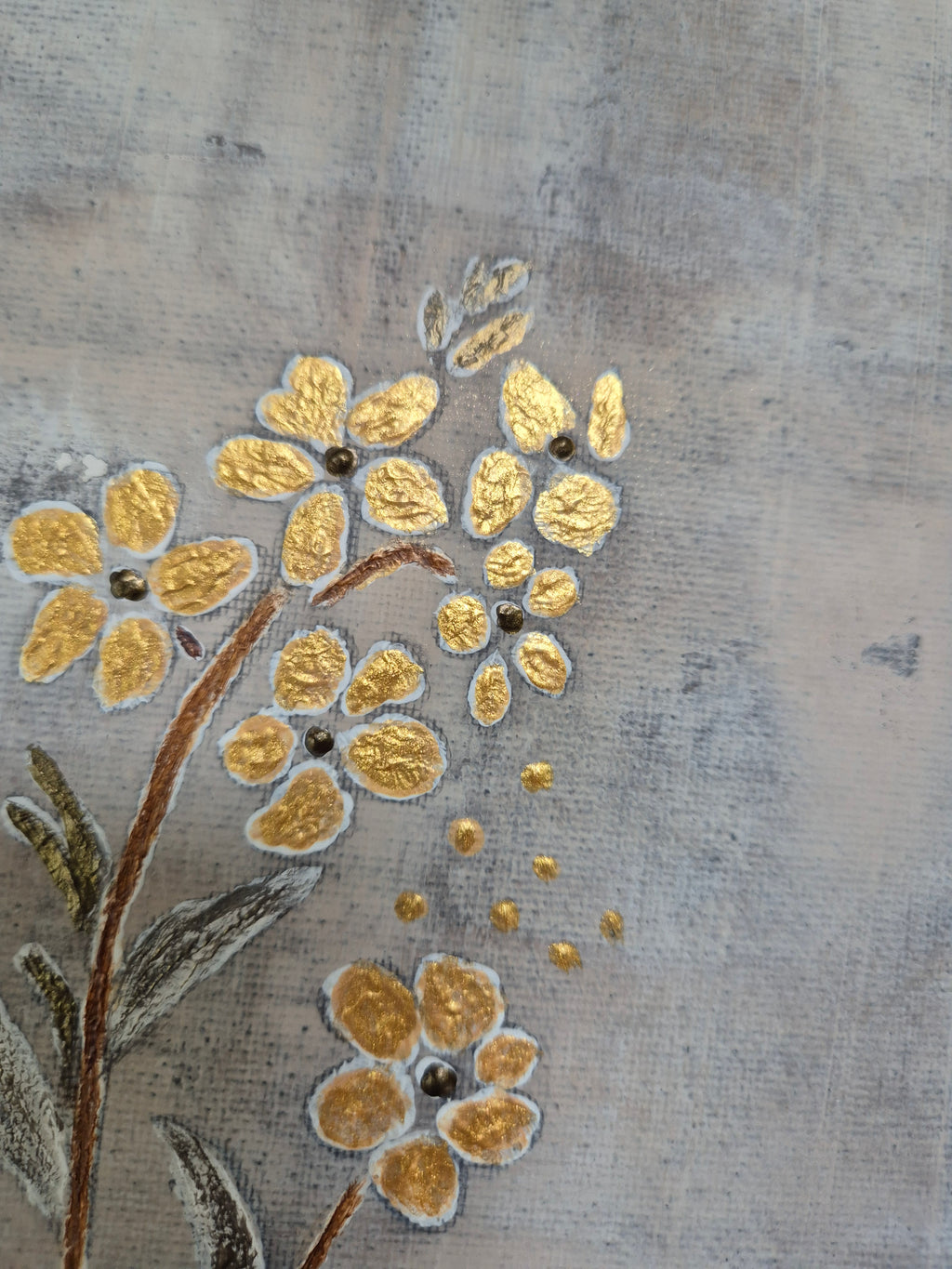 Framed Abstract Botanical Floral Art – Gold Textured Wildflowers, Original Painting