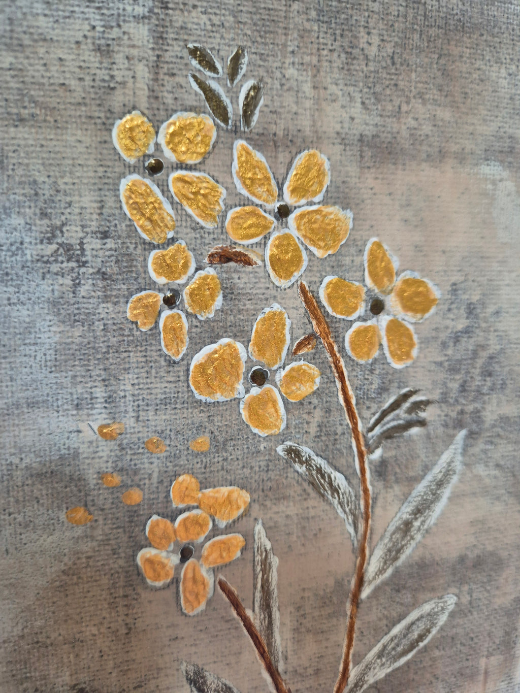 Framed Abstract Botanical Floral Art – Gold Textured Wildflowers, Original Painting