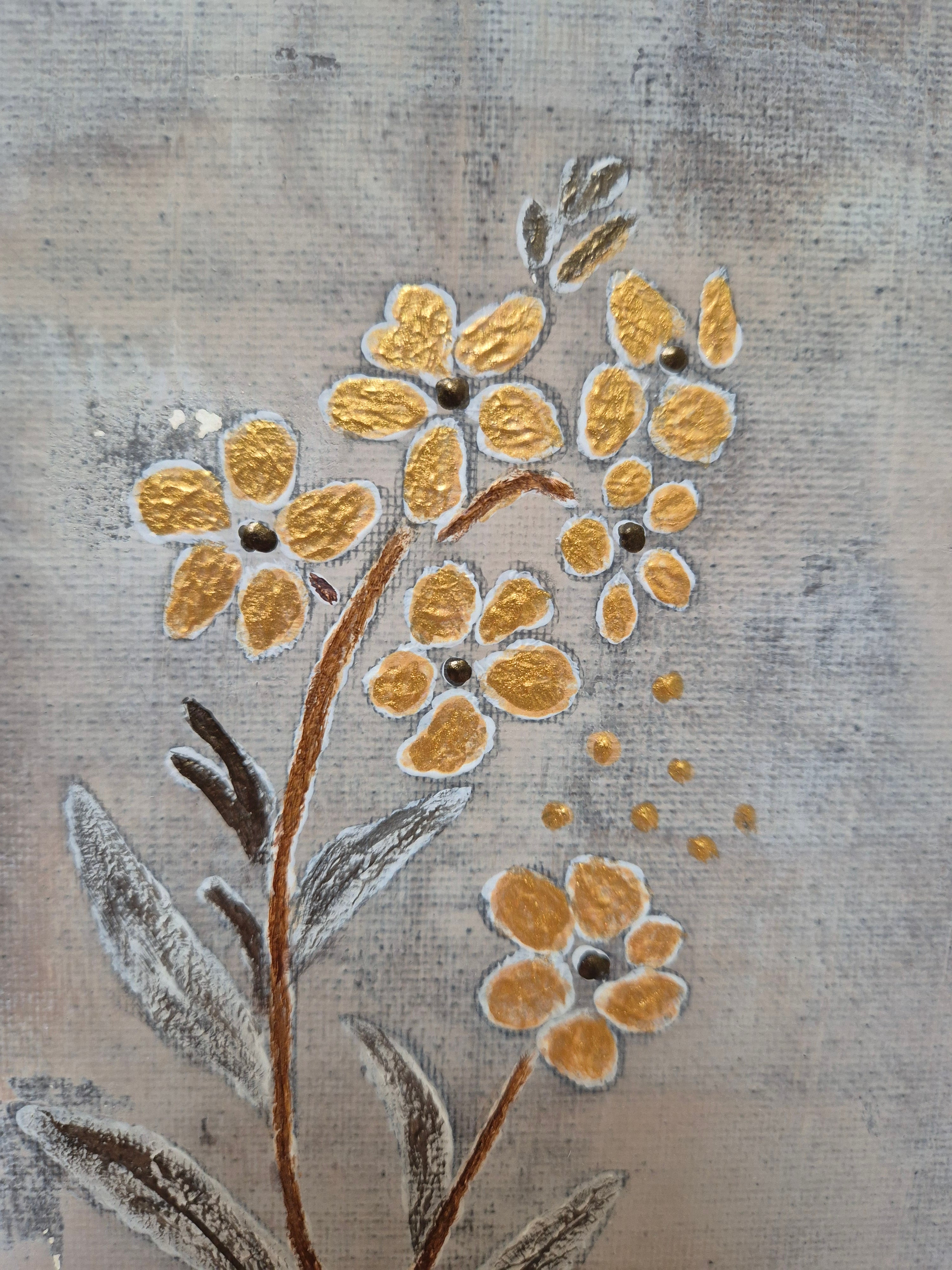 Framed Abstract Botanical Floral Art – Gold Textured Wildflowers, Original Painting