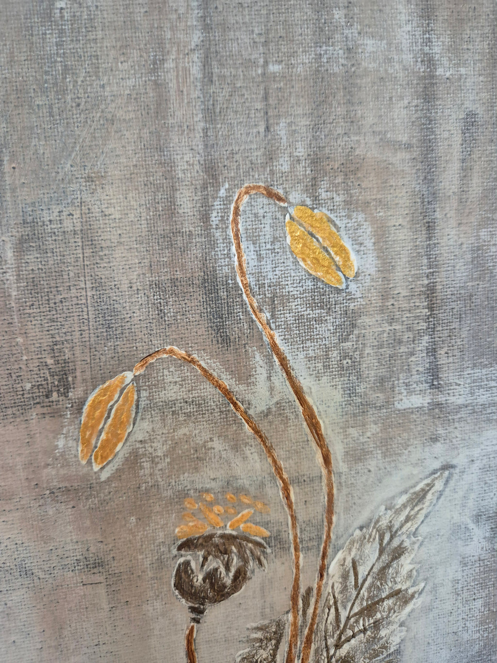 Framed Abstract Botanical Poppy Art – Gold & Grey Original Painting