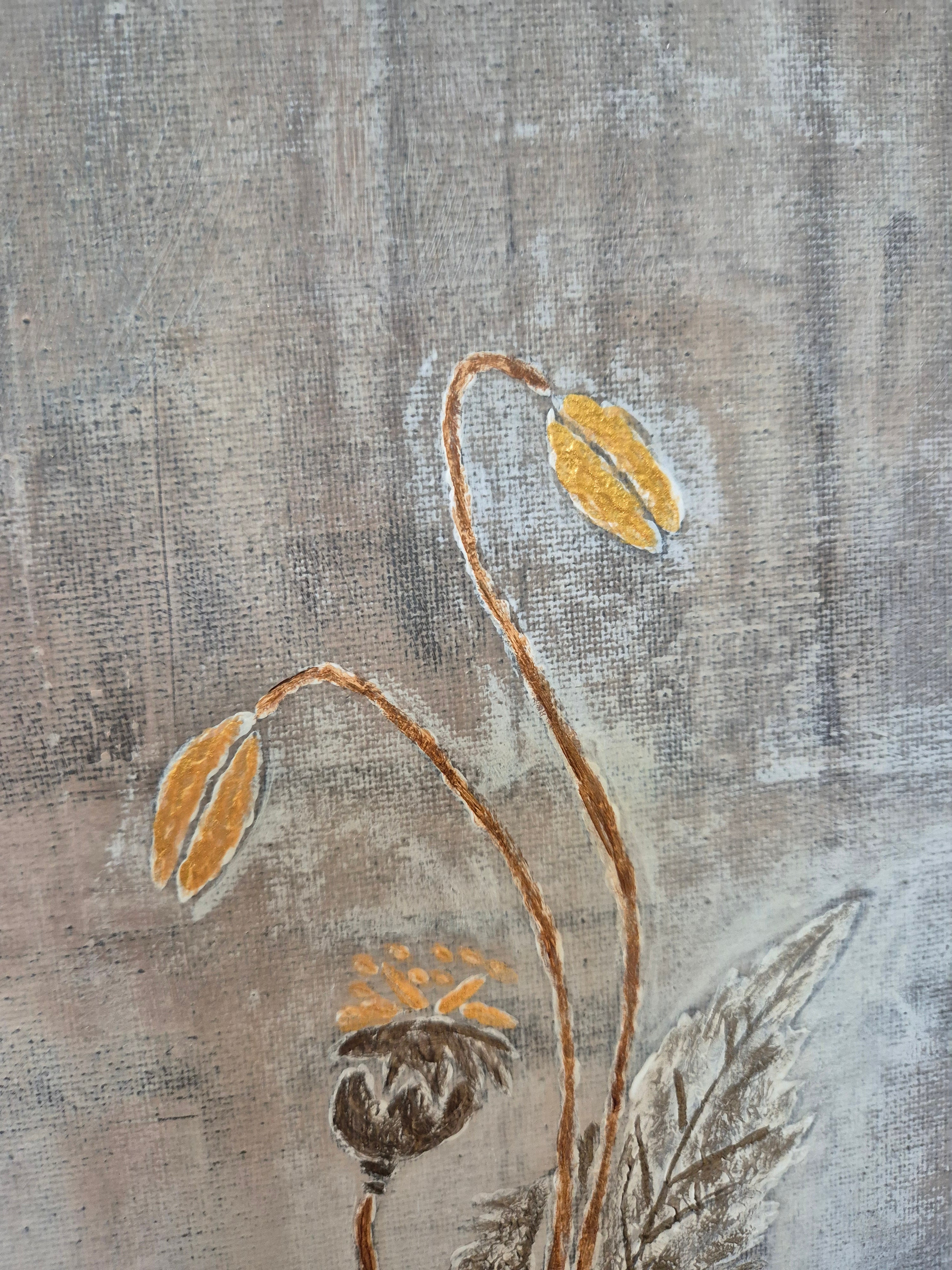 Framed Abstract Botanical Poppy Art – Gold & Grey Original Painting