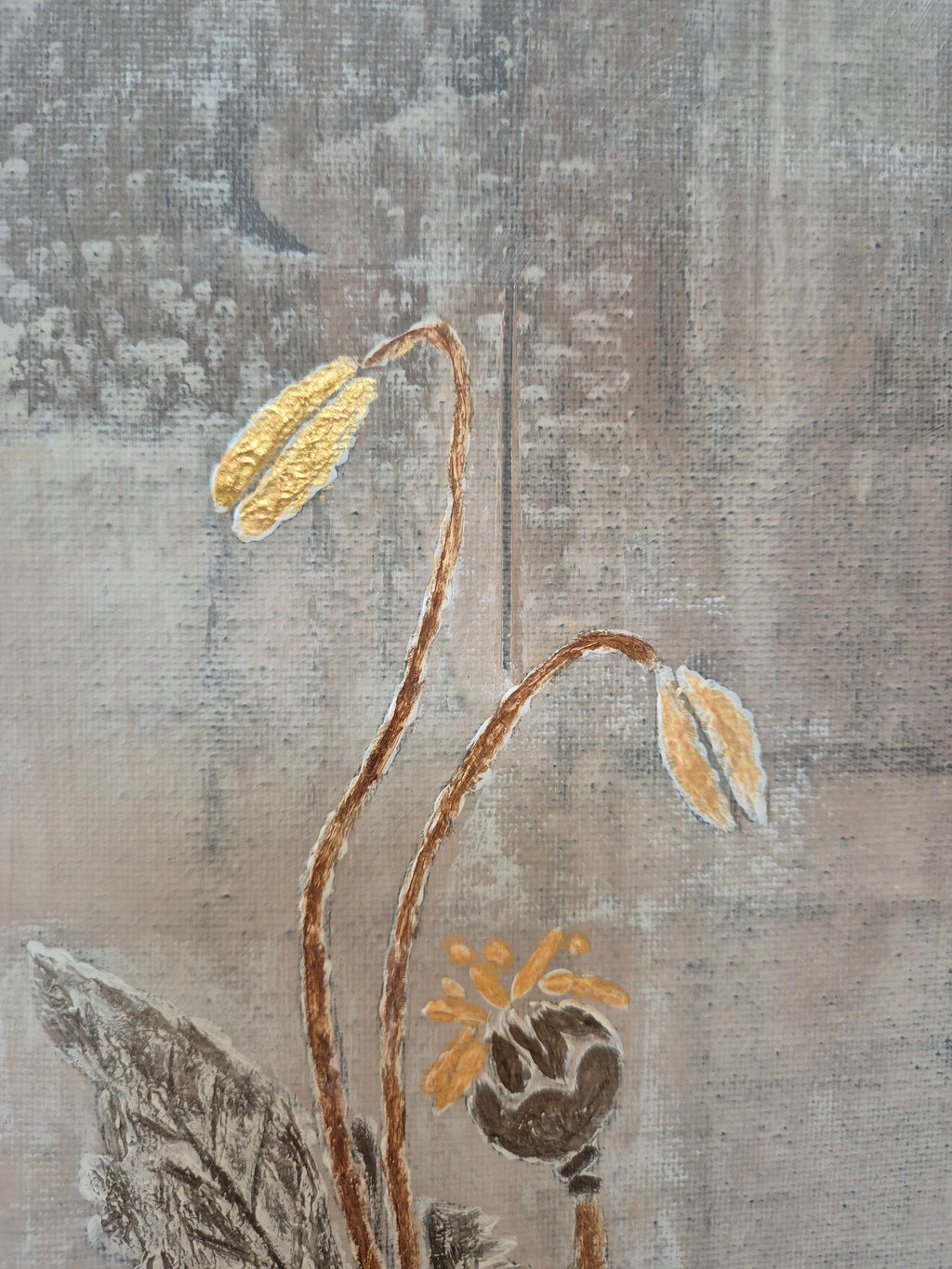 Framed Abstract Botanical Poppy Art – Gold & Grey Original Painting