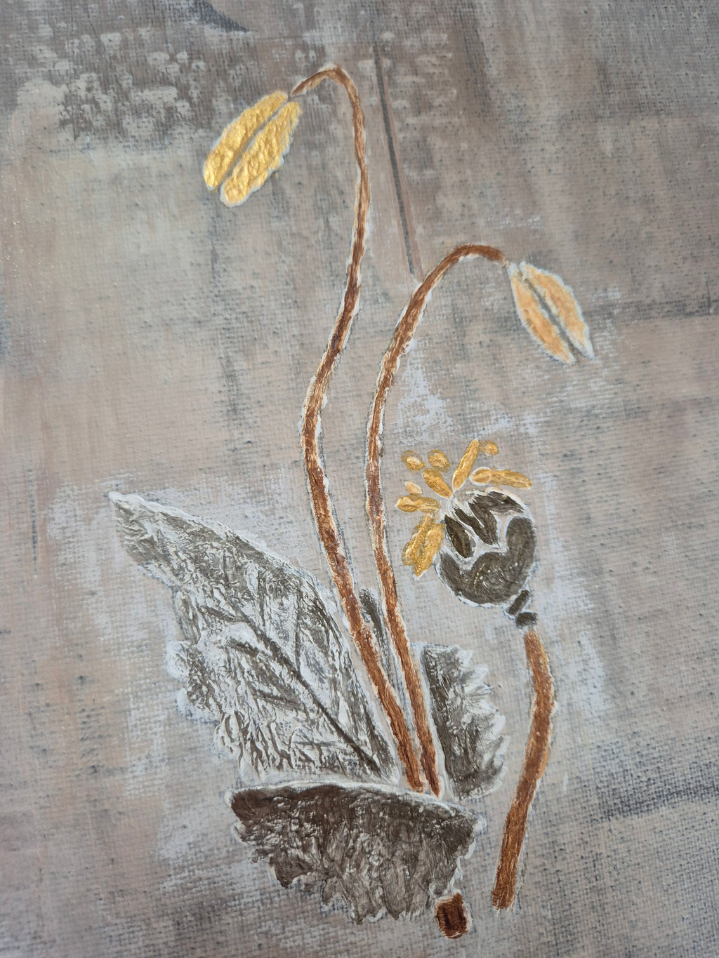 Framed Abstract Botanical Poppy Art – Gold & Grey Original Painting